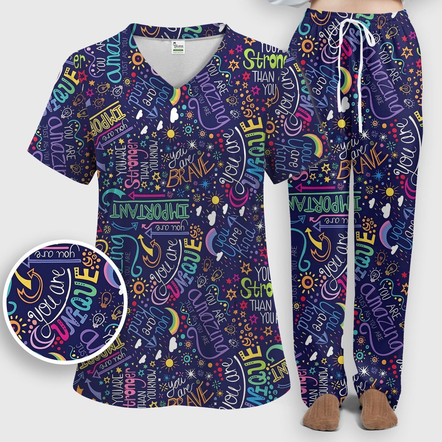 Inspirational Quote Pattern Scrub Set, Scrub Pants and V Neck Top