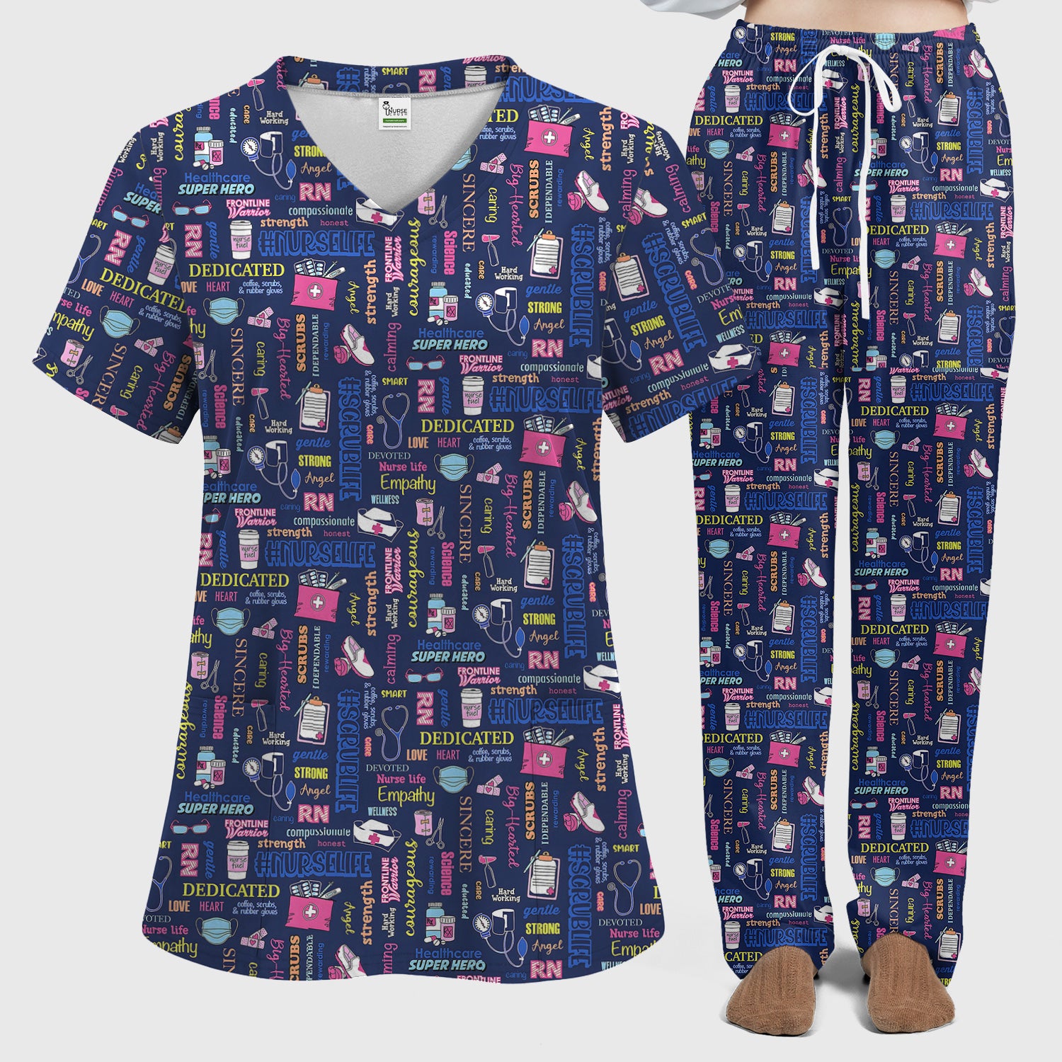 Colorful Nurse Life Typography Print Scrub Set, Breathable Med Uniform