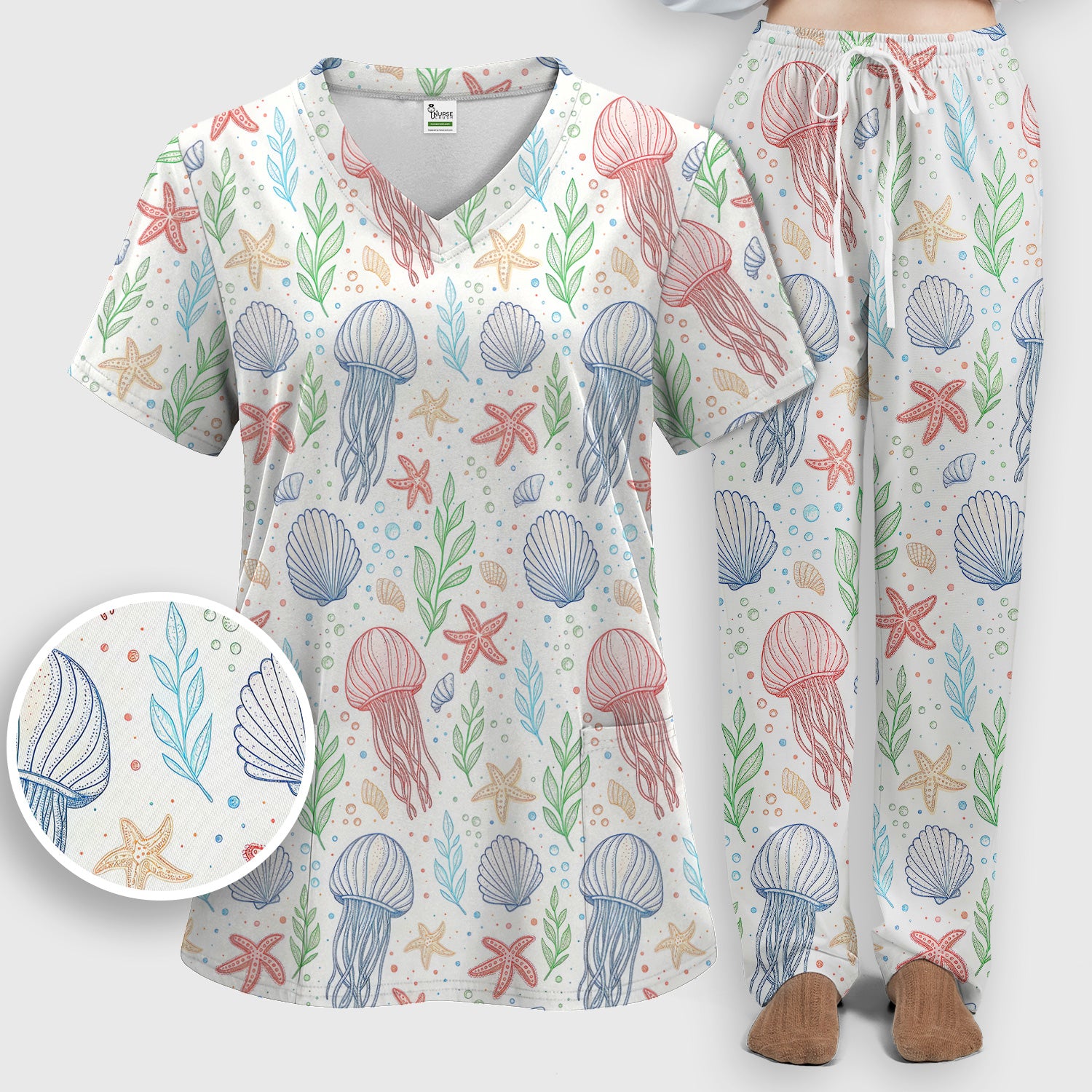 Ocean Jellyfish Starfish Seashell Pattern Scrub Sets, Scrub Pants and V Neck Top