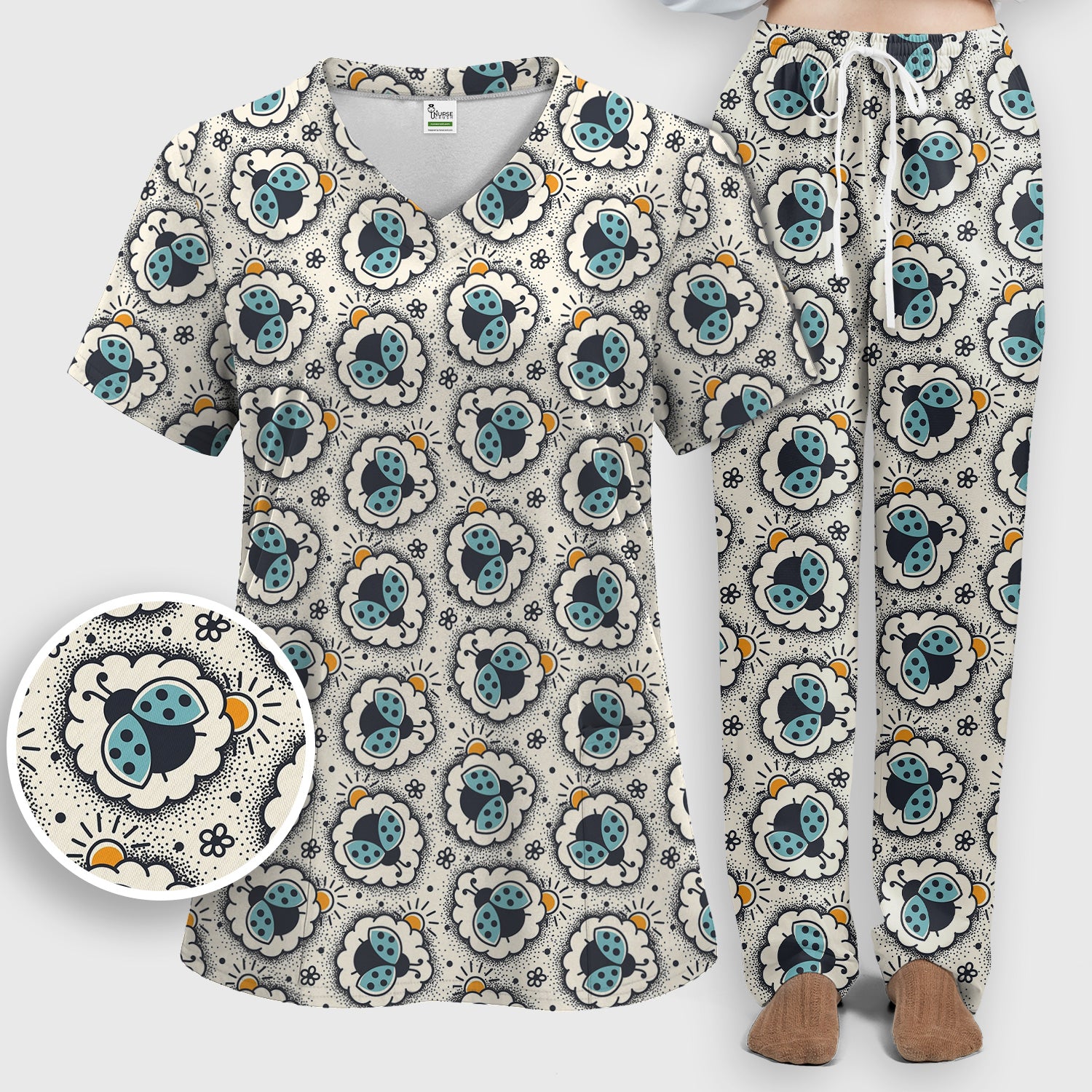 Cute Ladybug in Floral Frame Pattern Scrub Set, Breathable Med Uniform