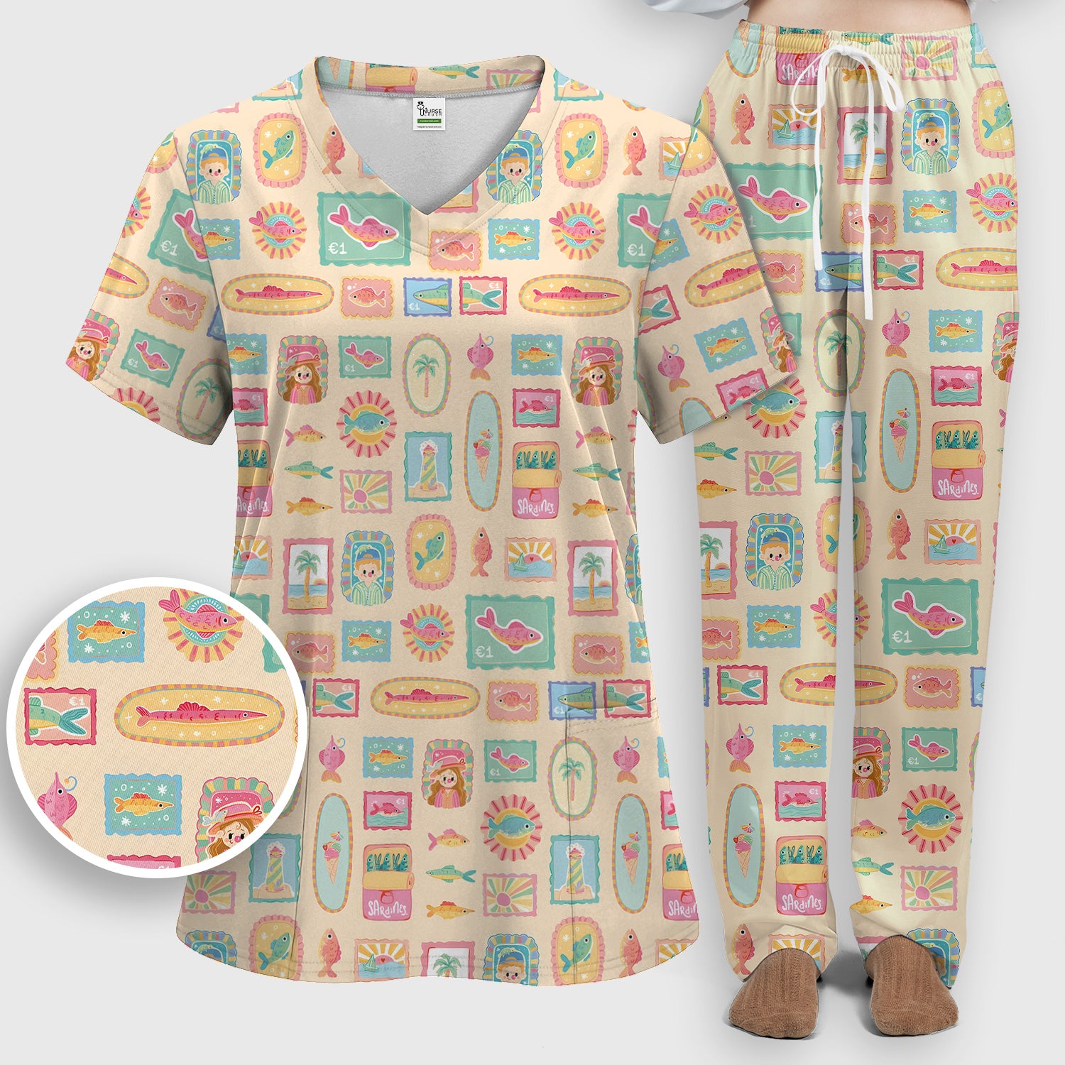 Coastal Vintage Postage Stamp Pattern Scrub Set, Scrub Pants and V Neck Top