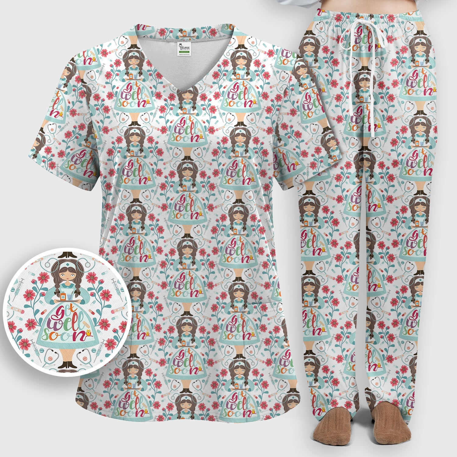 Get Well Soon Girl Floral Caring Pattern Scrub Set, Scrub Pants and V Neck Top