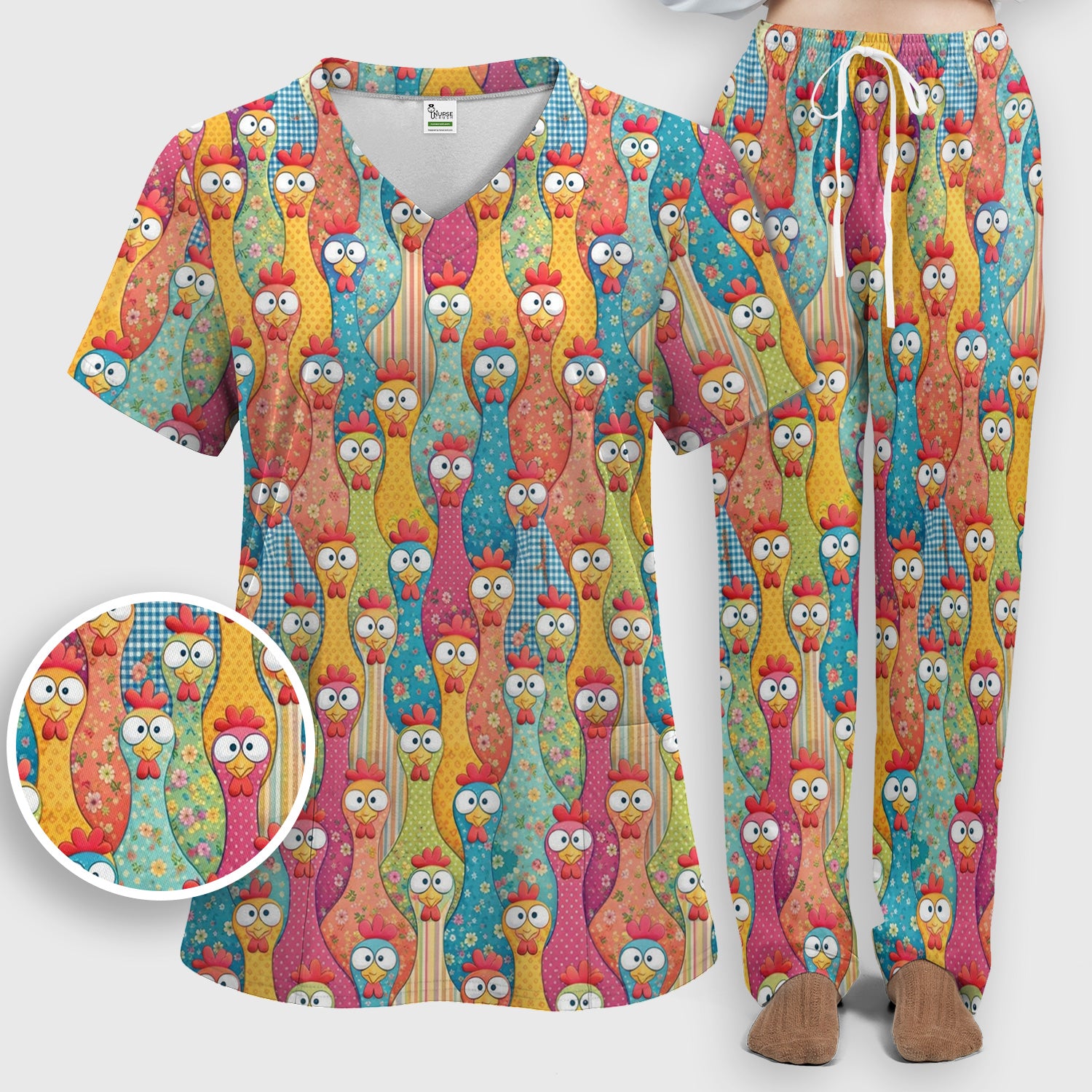 Funny Colorful Chicken Farm Cartoon Pattern Scrub Set, Scrub Pants and V Neck Top