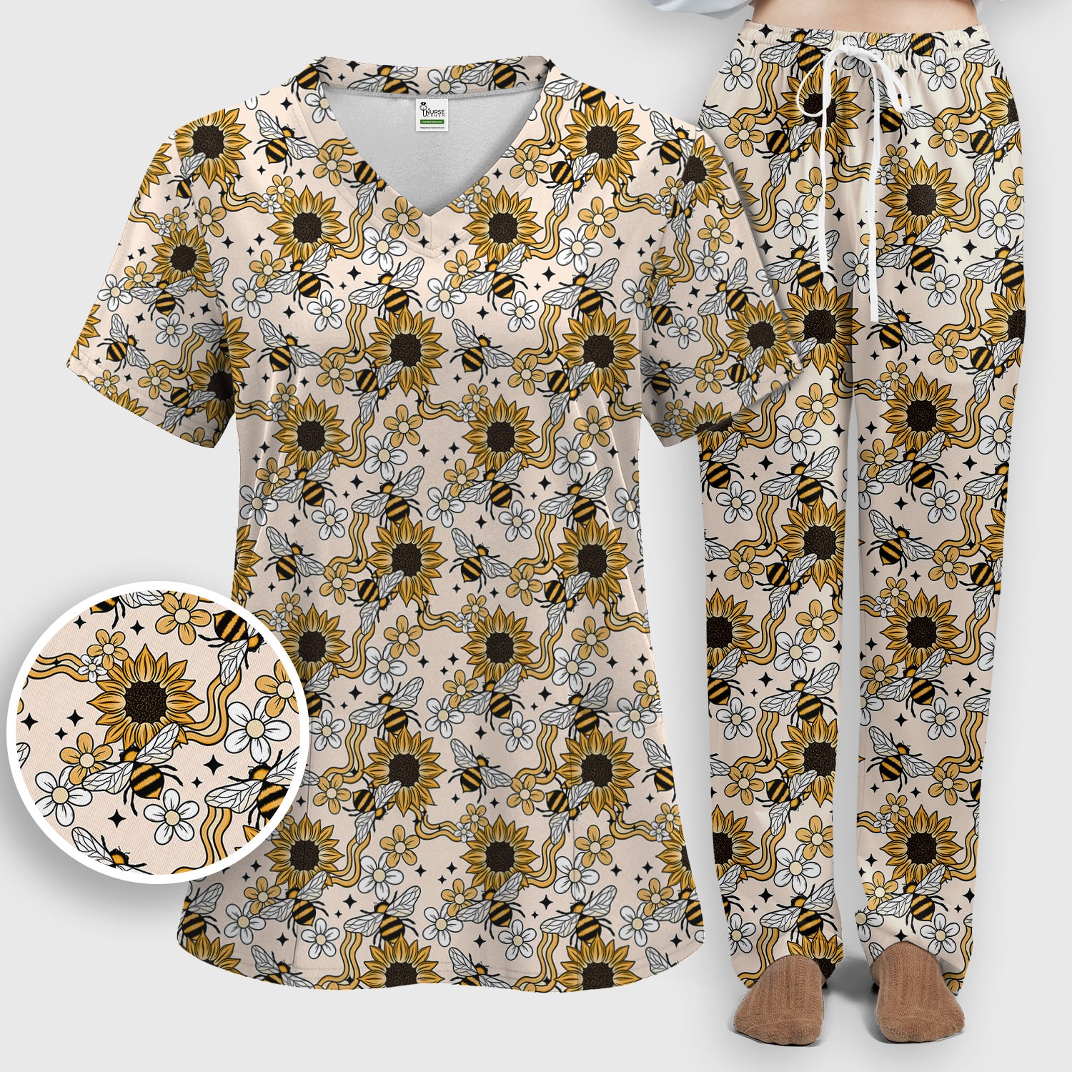 Sunflower And Honey Bee Floral Scrub Set, Scrub Pants and V Neck Top