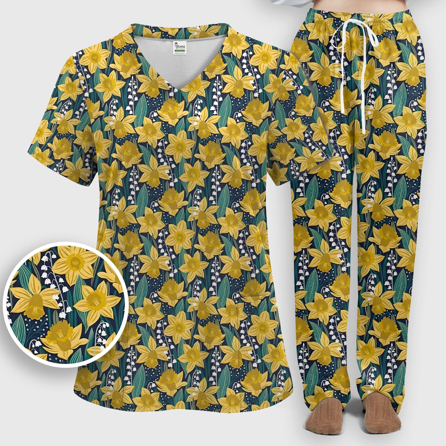 Yellow Daffodil Lily Valley Pattern Scrub Set, Scrub Pants and V Neck Top