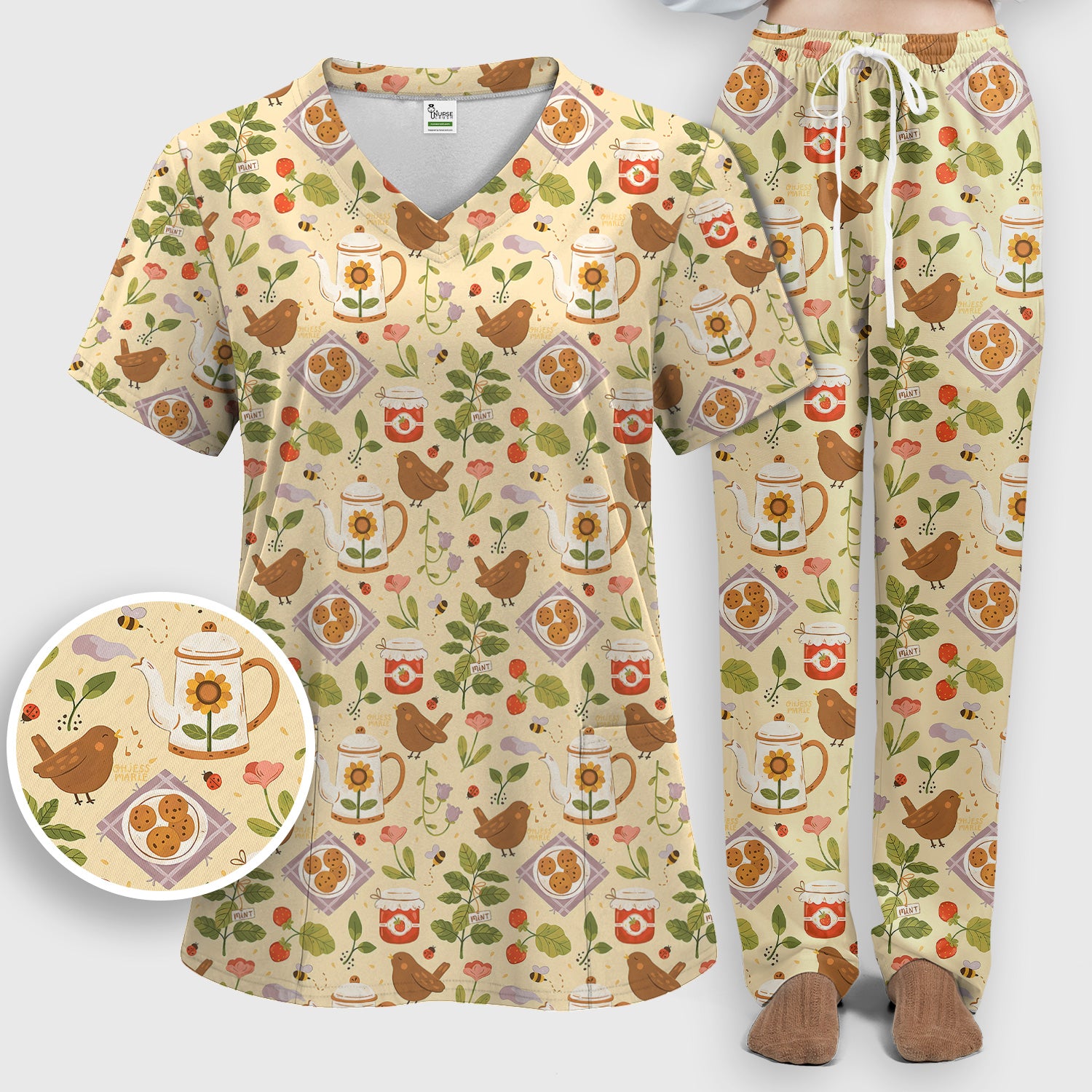 Cute Garden Tea Bird Strawberry Pattern Scrub Set, Scrub Pants and V Neck Top