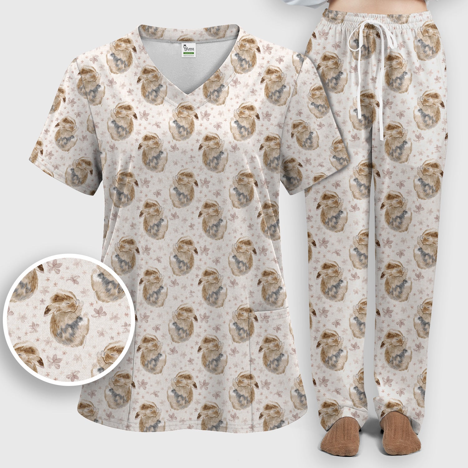 Cute Sleeping Bunny Floral Meadow Pattern Nurse Scrub Set, Scrub Pants and V Neck Top