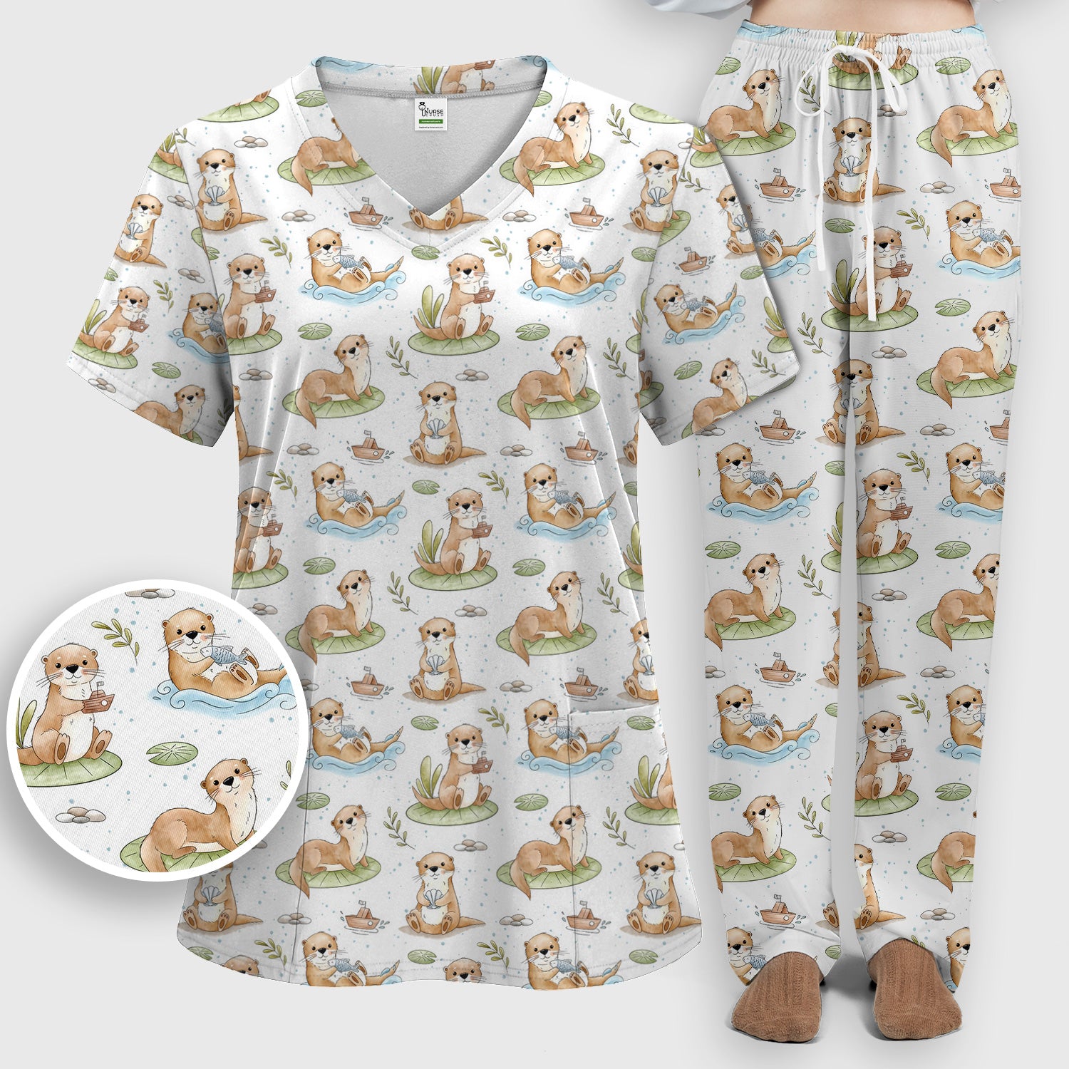 Cute Otter With Lily Pad Pattern Scrub Set, Scrub Pants and V Neck Top