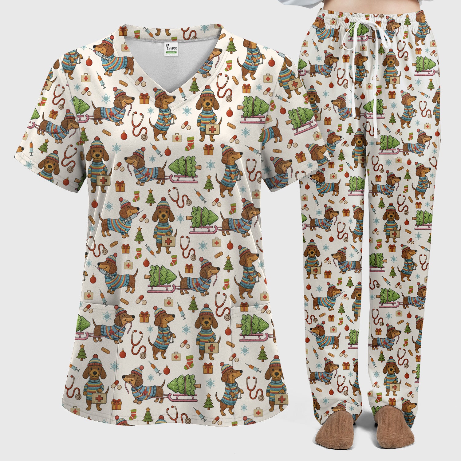 Dachshund Dog Scrub Set For Nurse, Funny Wiener Dog Lover Gift, Cute Dog 3D Knit Pattern Shirt