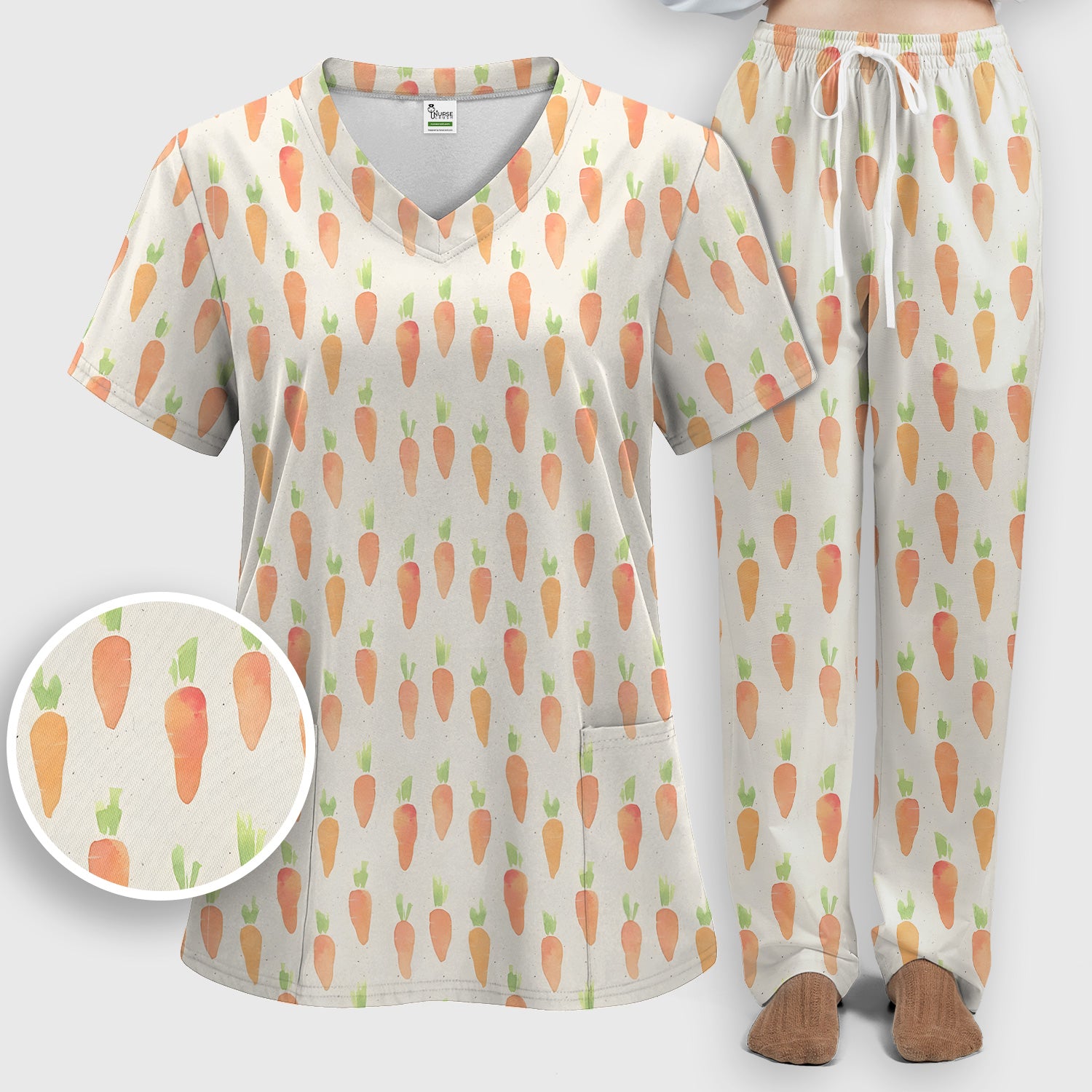 Simple Carrot Cute Pattern Scrub Sets, Scrub Pants and V Neck Top