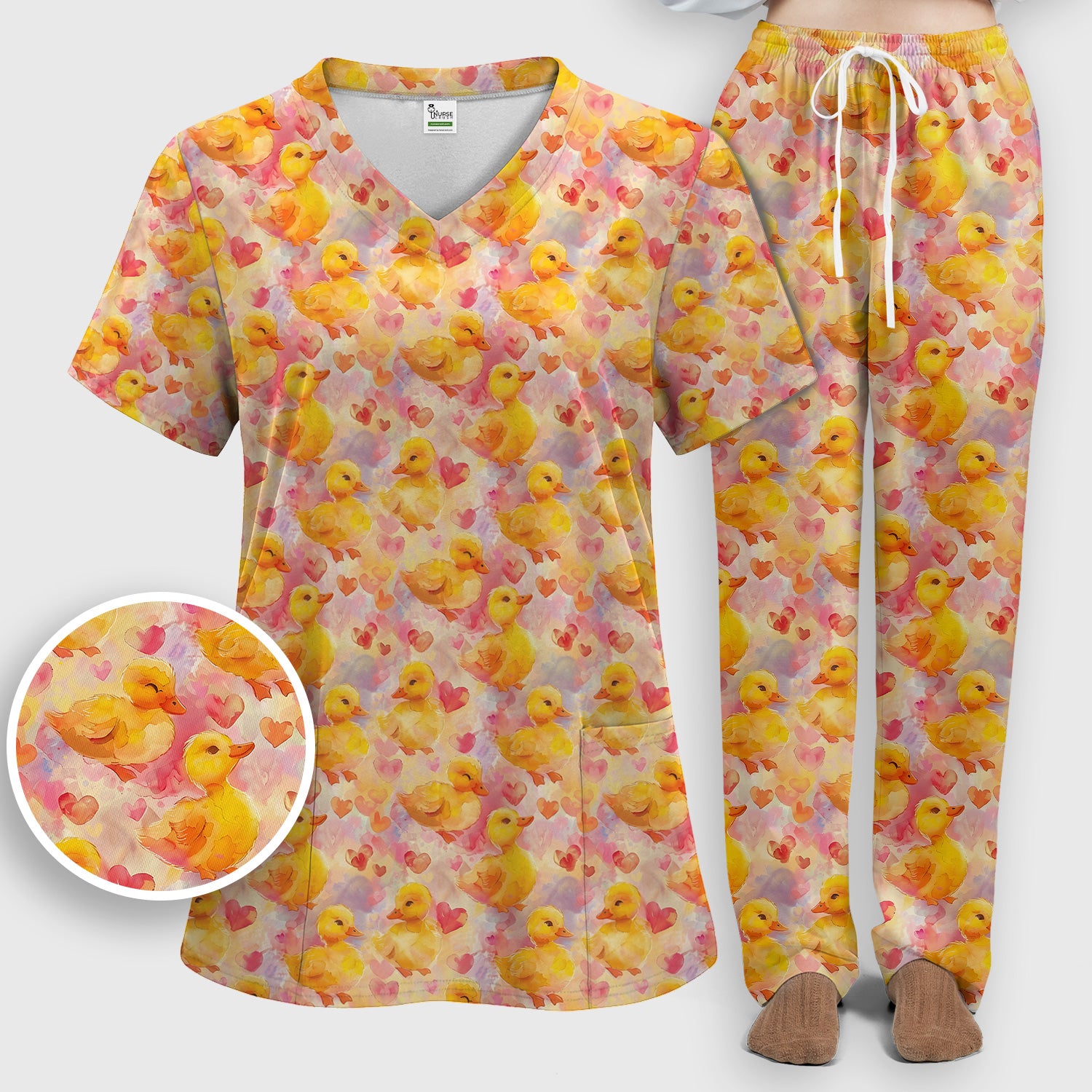Cute Duck Heart Watercolor Pattern Scrub Set, Scrub Pants and V Neck Top