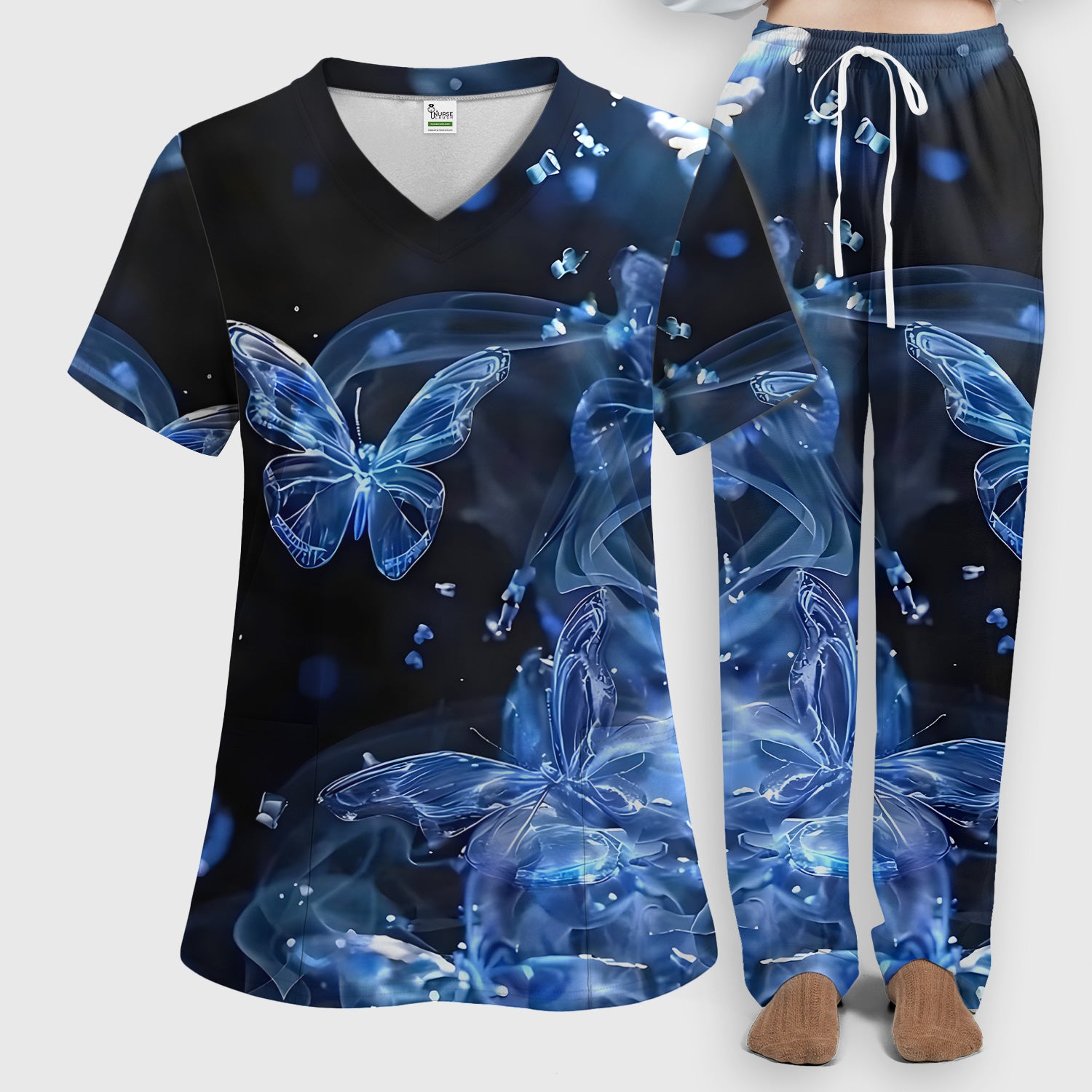 Glowing Blue Butterfly Garden Pattern Scrub Set, Scrub Pants and V Neck Top