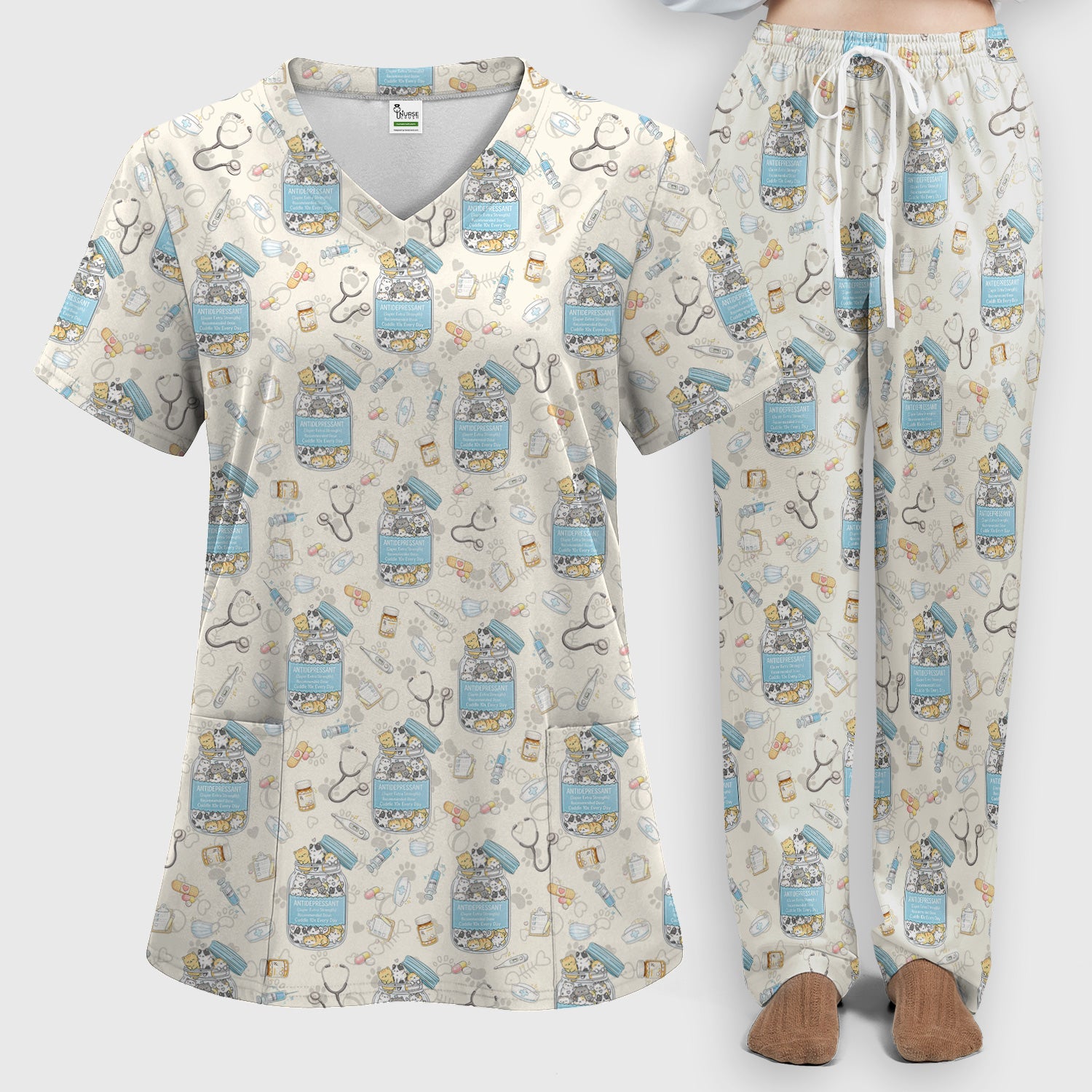 Cute Antidepressant Cat Jar Print Women's Scrub Set, Breathable Med Uniform