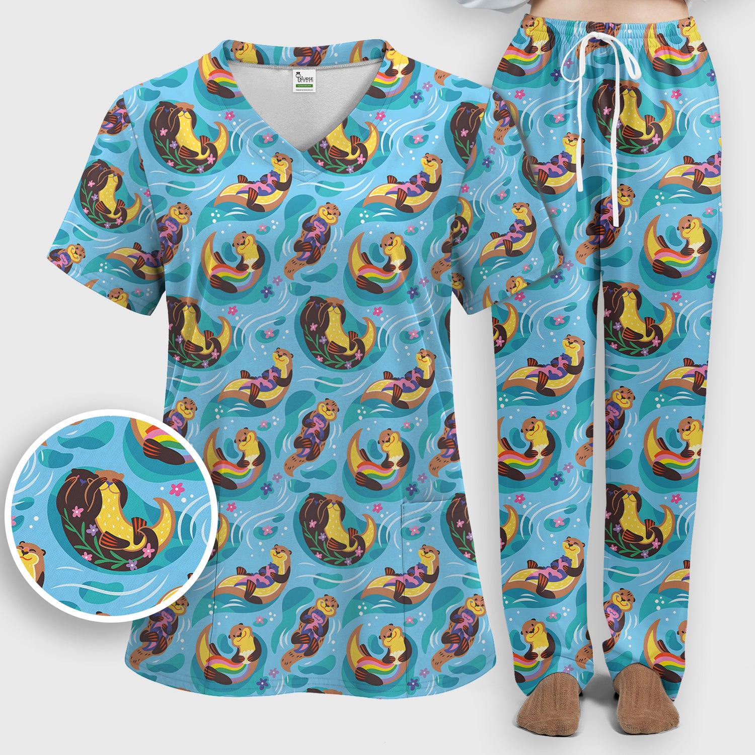 Otter Floating River Rainbow Pattern Scrub Set, Scrub Pants and V Neck Top