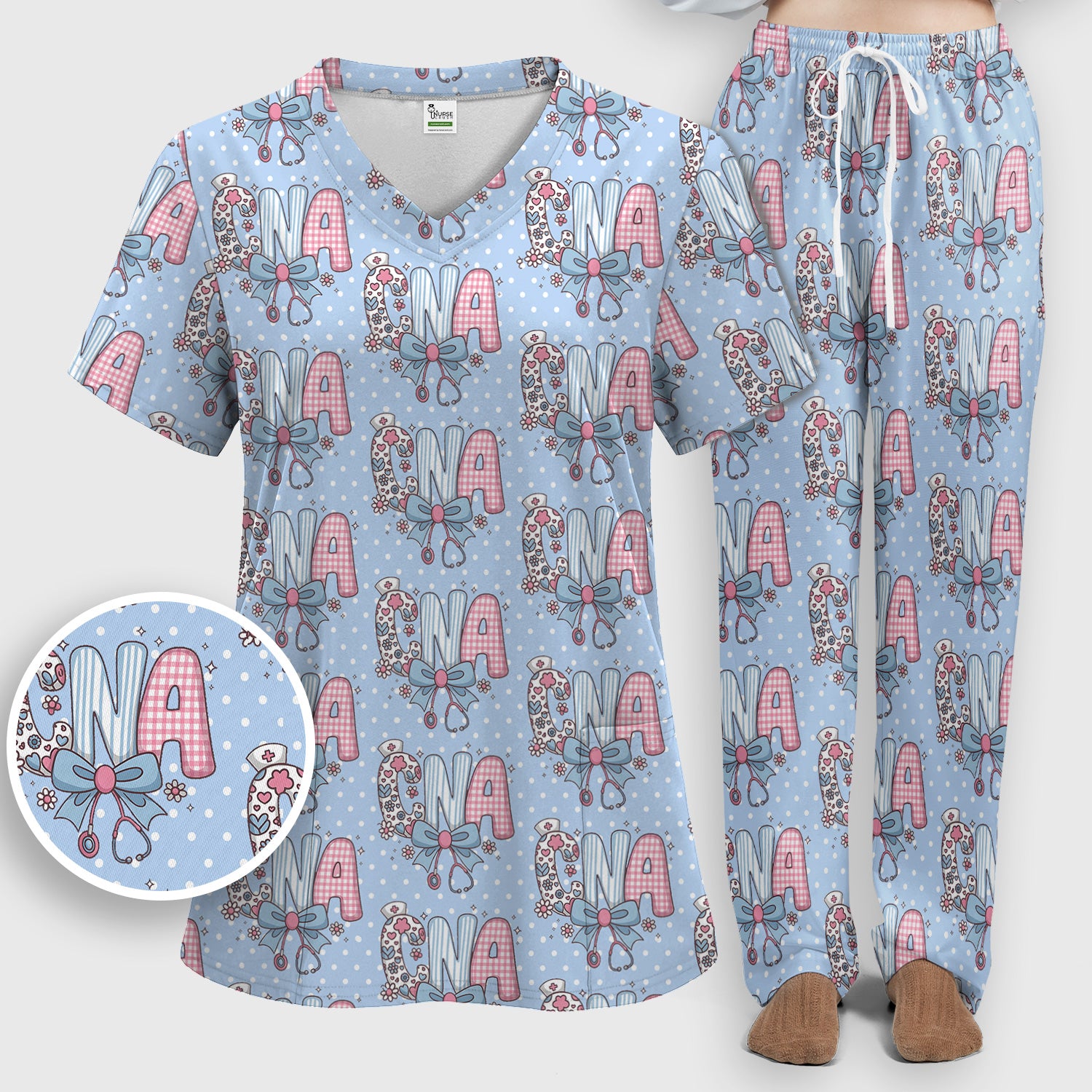 Cute CNA Floral Bow Pattern Scrub Set, Scrub Pants and V Neck Top, Breathable Med Uniform