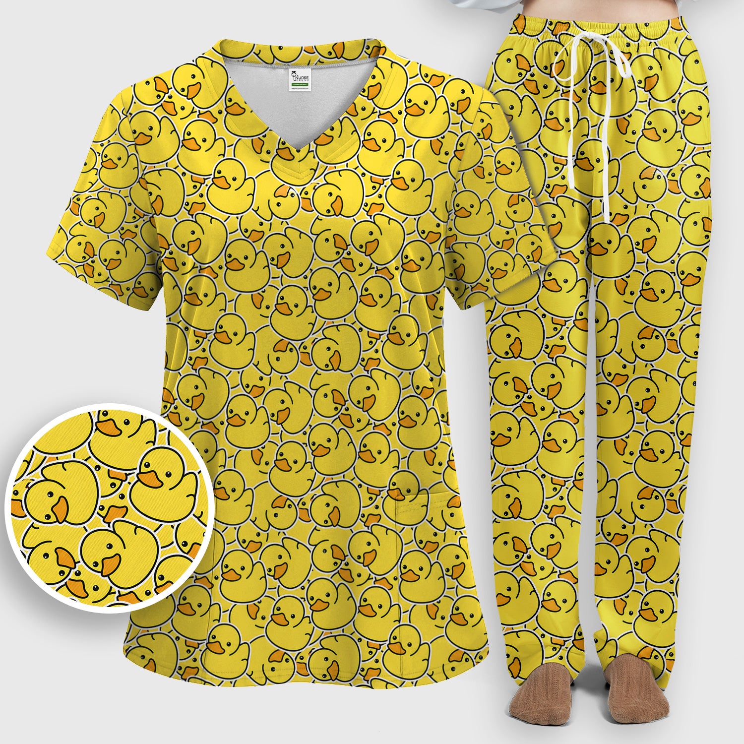 Yellow Rubber Duck Pattern Scrub Set, Scrub Pants and V Neck Top