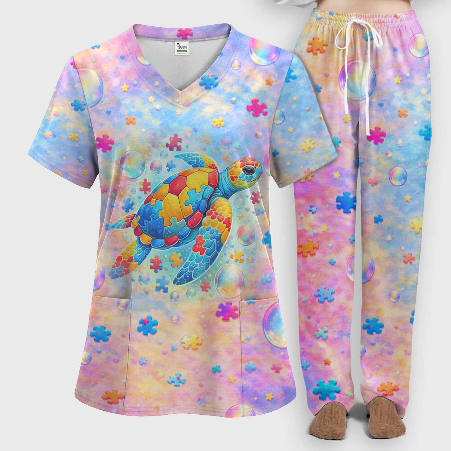 Autism Puzzle Sea Turtle Pastel Rainbow Print Scrub Set, Scrub Pants and V Neck Top