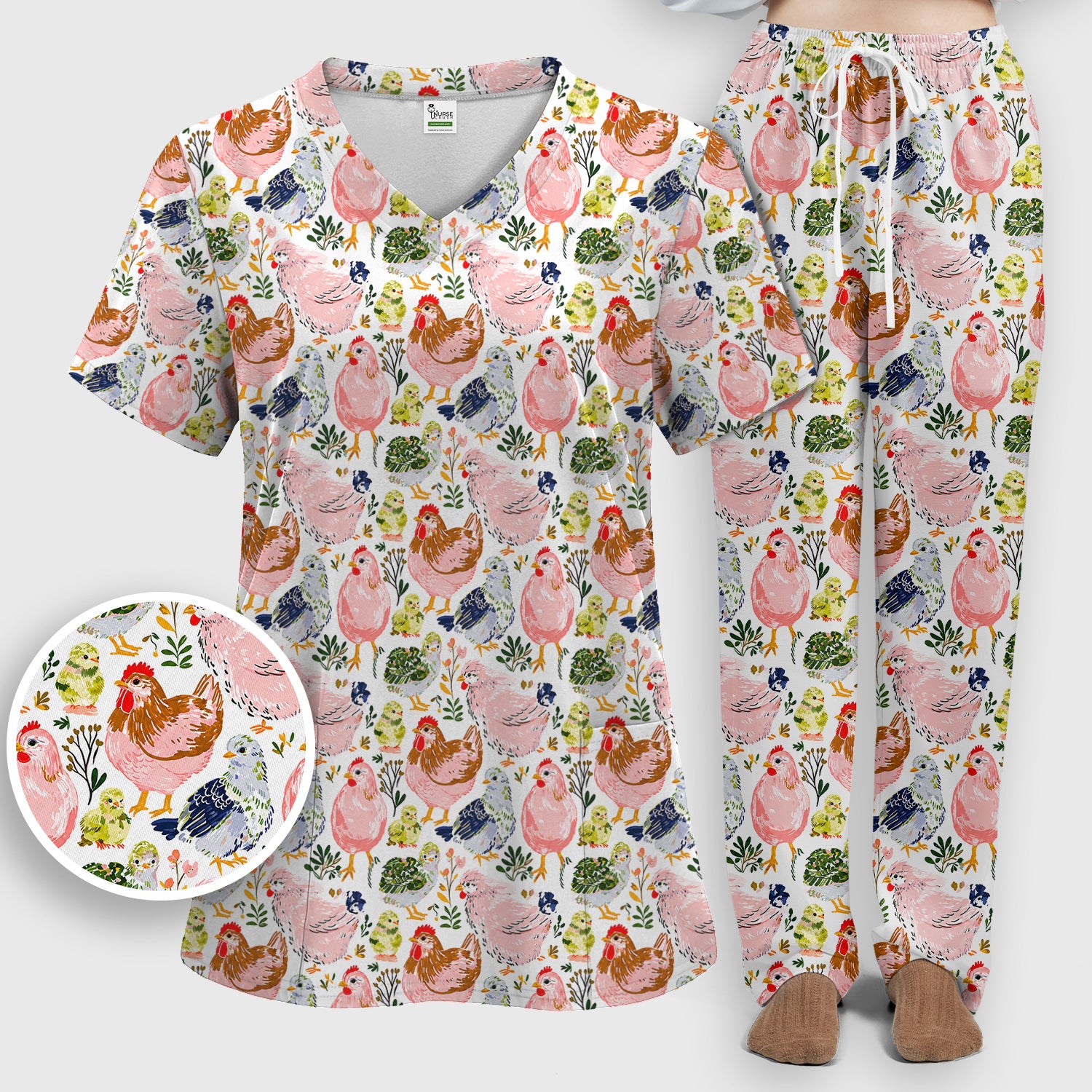 Cute Farm Chicken Hen Chick Pattern Scrub Set, Scrub Pants and V Neck Top