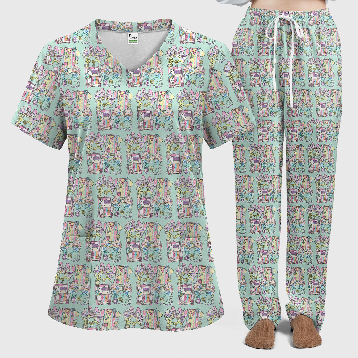 Colorful Nurse Scrub Supplies Pattern Scrub Set, Scrub Pants and V Neck Top
