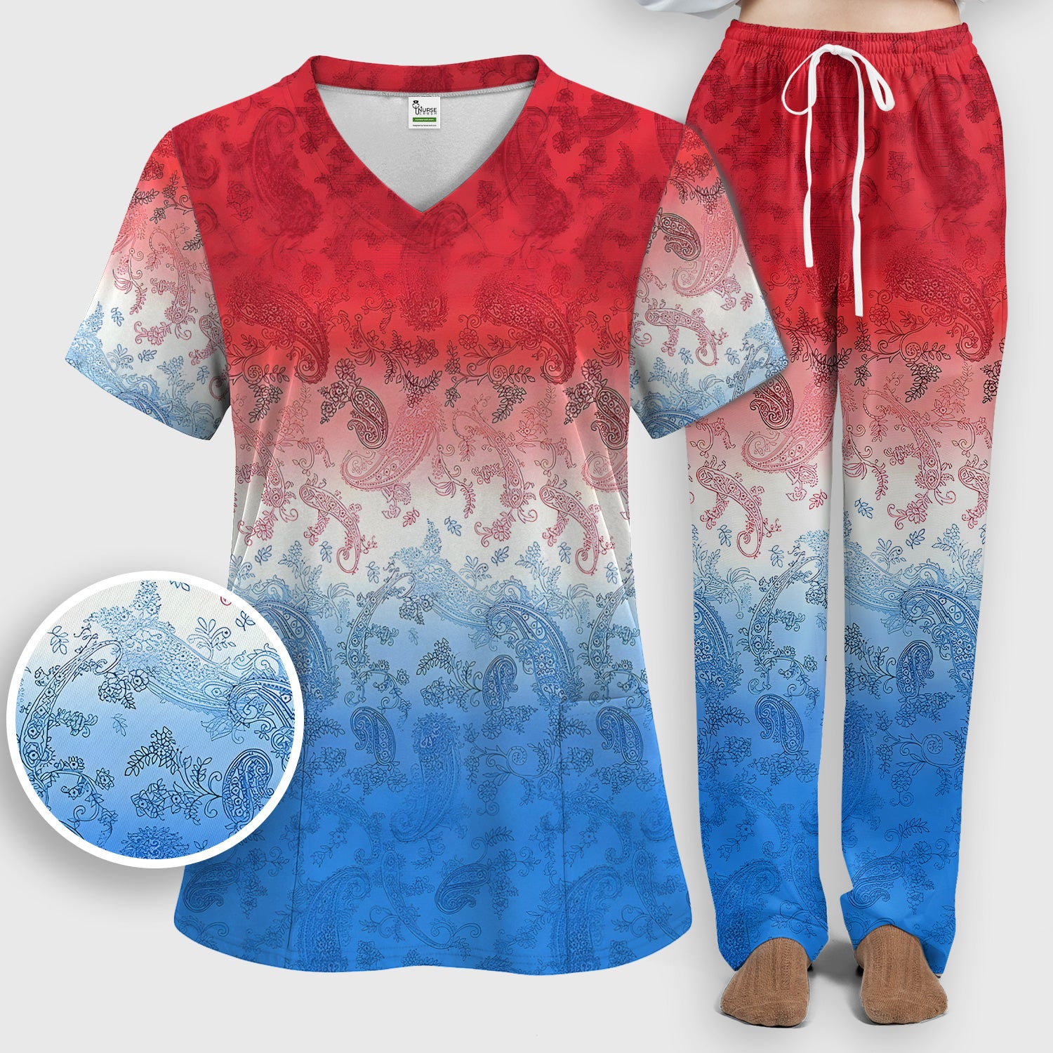 Red Blue Paisley Ombre Pattern Scrub Set, Scrub Pants and V Neck Top