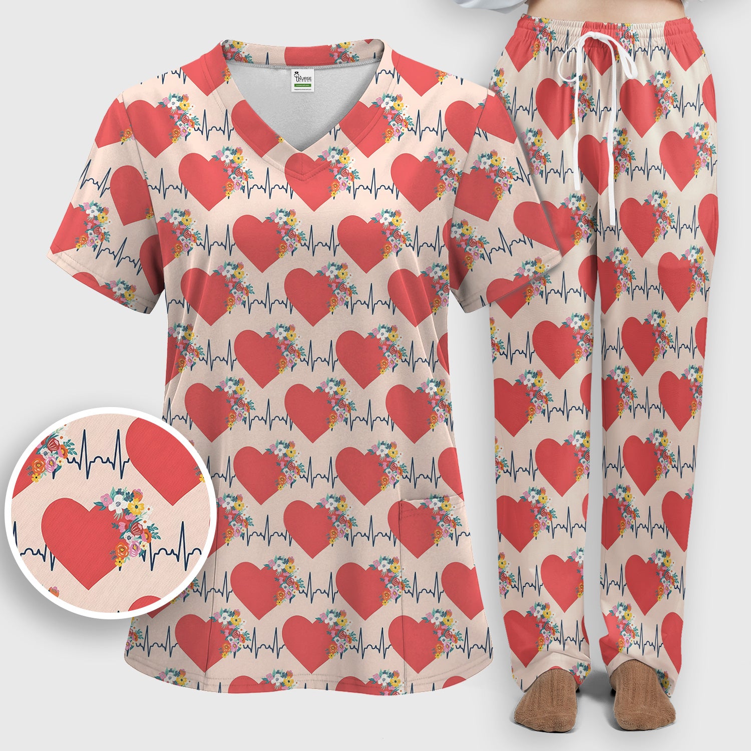 Nurse Heartbeat Floral Pattern Scrub Set, Scrub Pants and V Neck Top