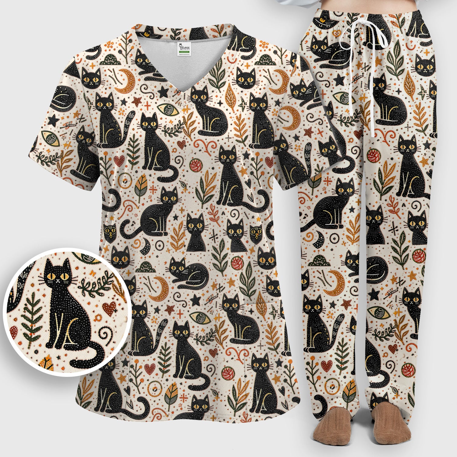 Mystic Black Cat Celestial Doodle Pattern Scrub Set, Scrub Pants and V Neck Top