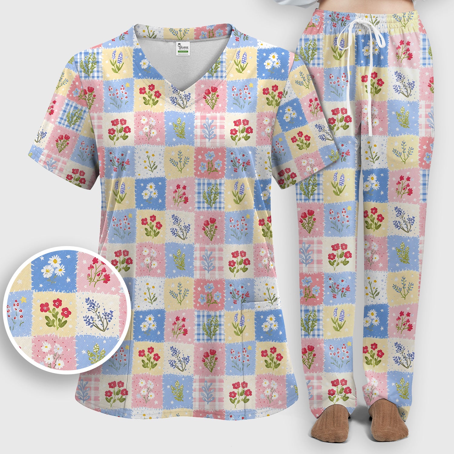 Pastel Patchwork Wildflower Garden Print Scrub Set, Scrub Pants and V Neck Top