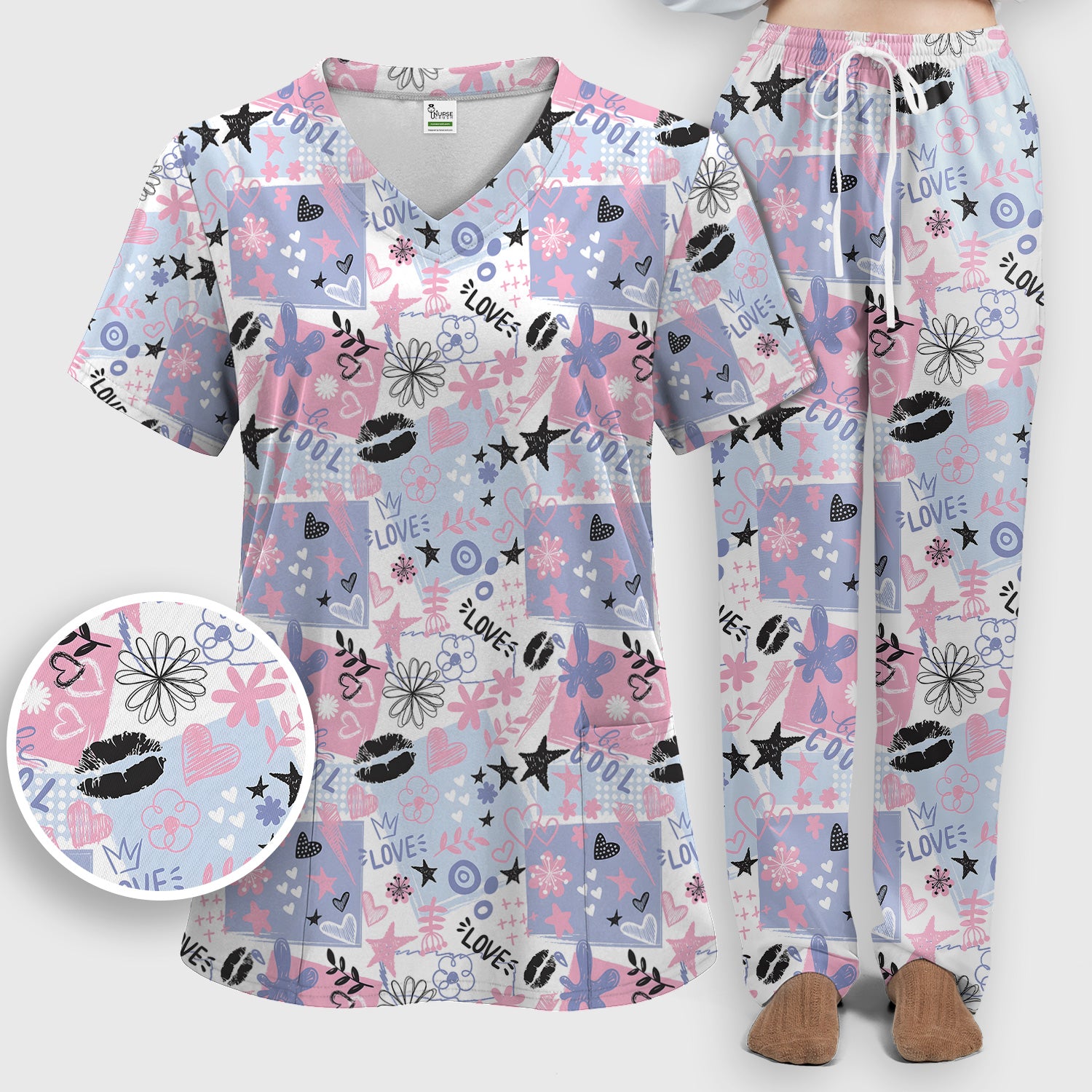 Cute Love Hearts Doodle Print Scrub Set, Scrub Pants and V Neck Top