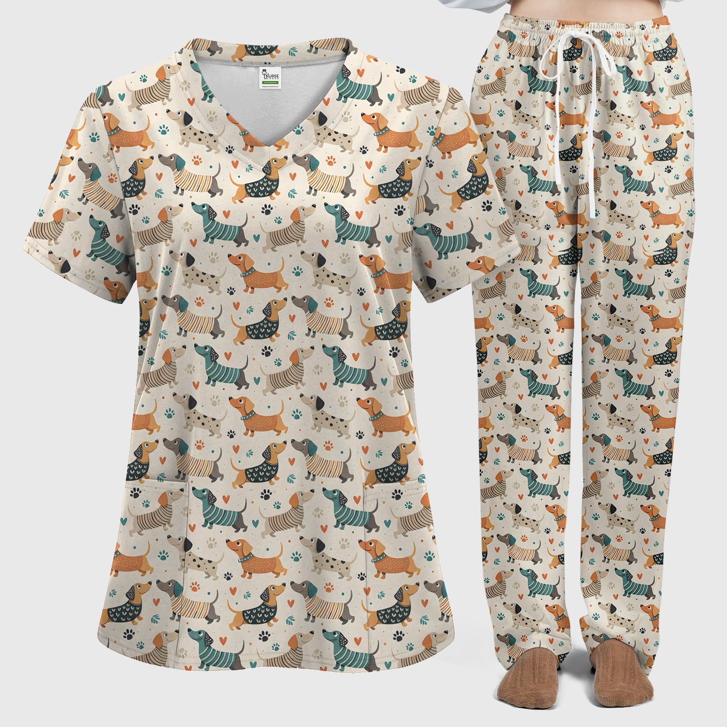 Fun Dachshund Dog Paw Heart Pattern Scrub Set, Scrub Pants and V Neck Top