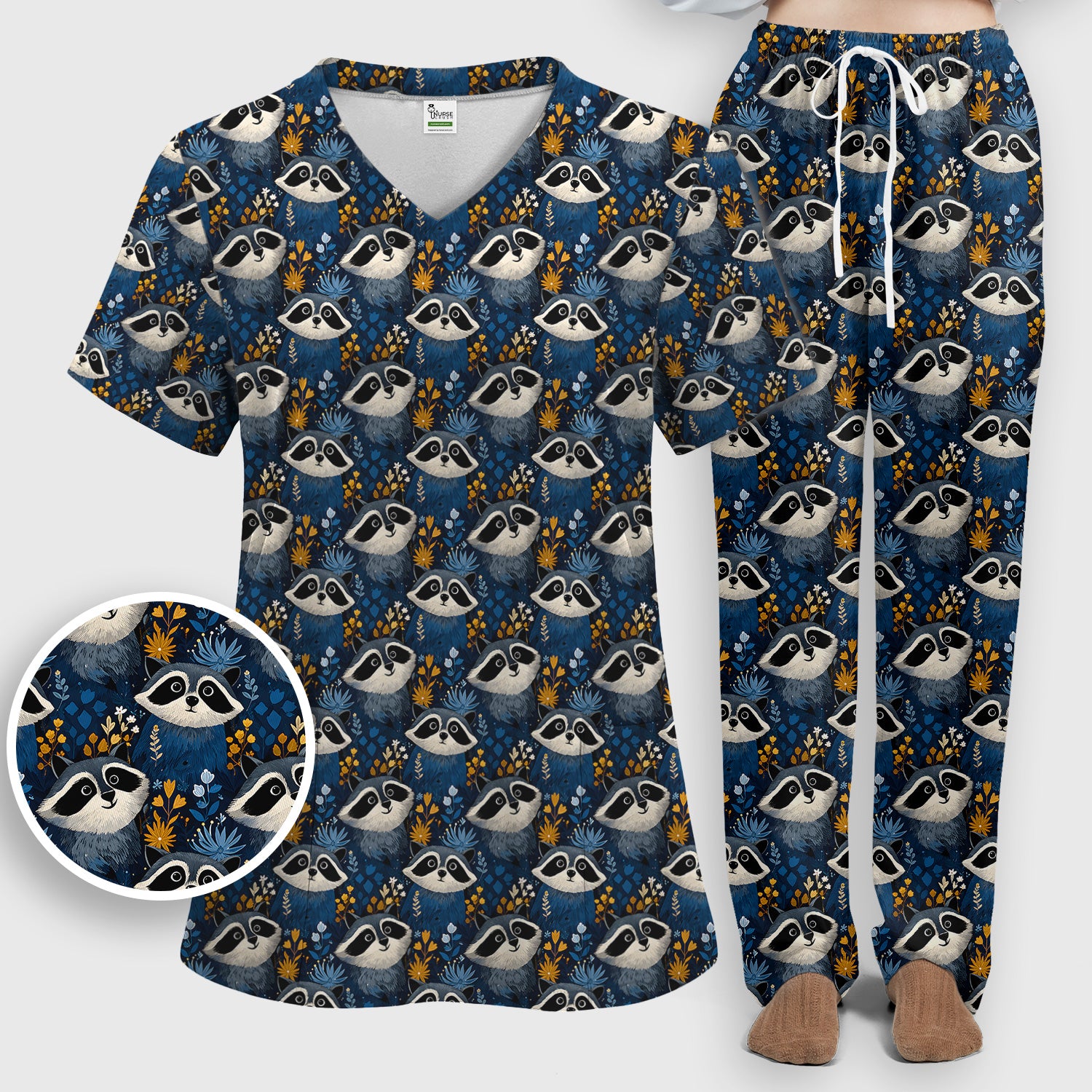 Raccoon With Blue Floral Forest Pattern Scrub Set, Scrub Pants and V Neck Top