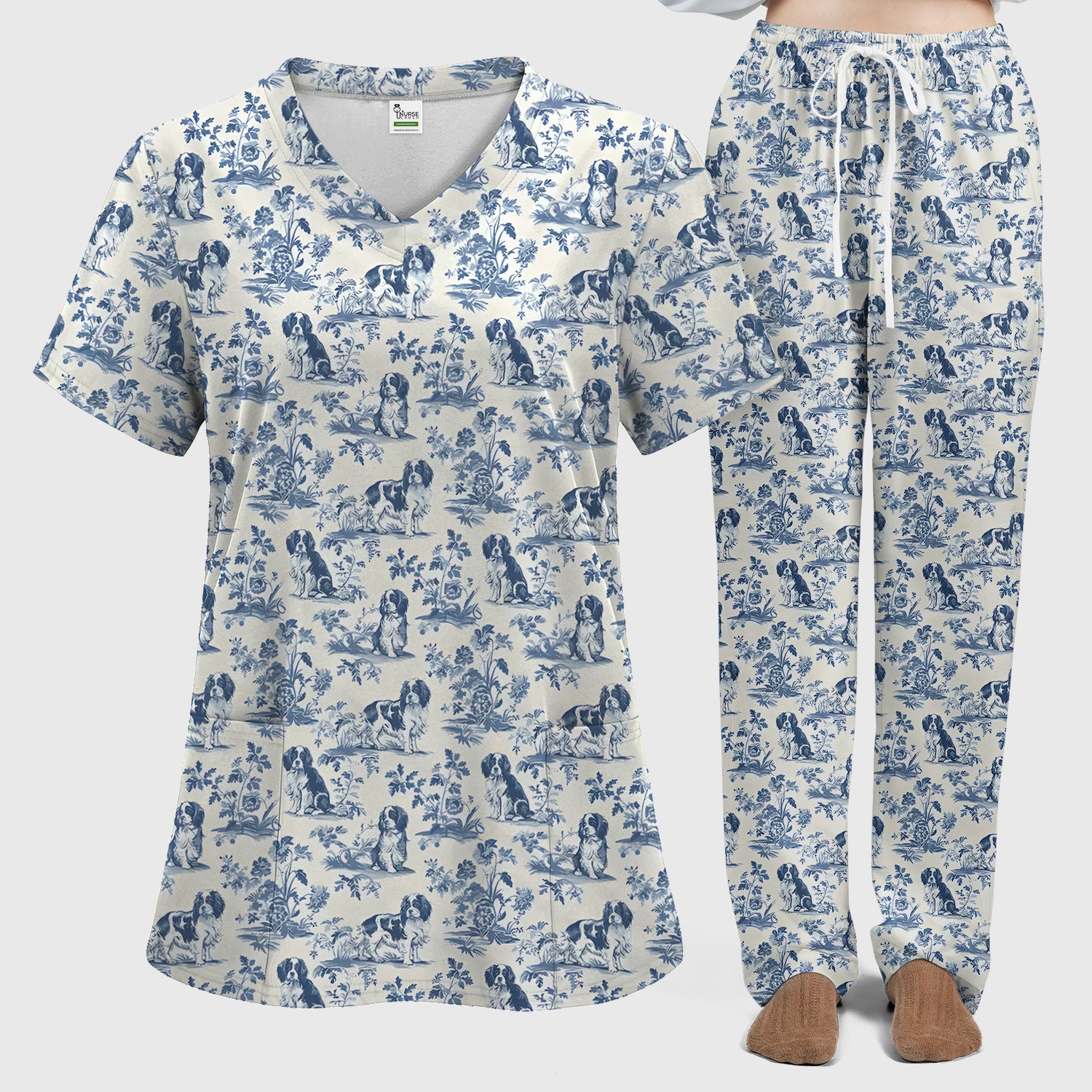 Dog Pattern Toile De Jouy Scrub Set, Vintage Dog Print Nurse Scrub Uniform, Cute Vet Tech Uniform