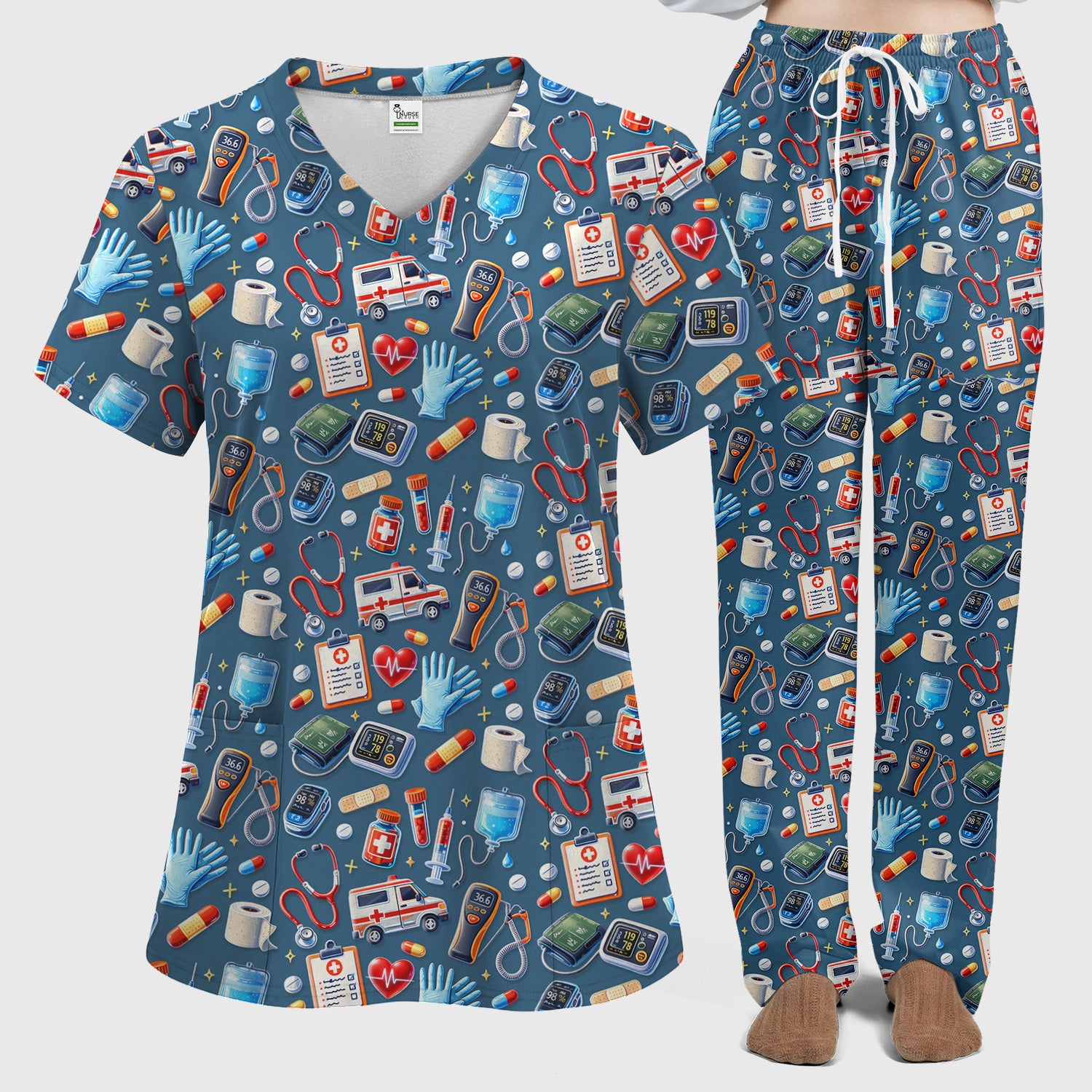 Medical Tools Pattern Ambulance Stethoscope Scrub Set, Scrub Pants and V Neck Top
