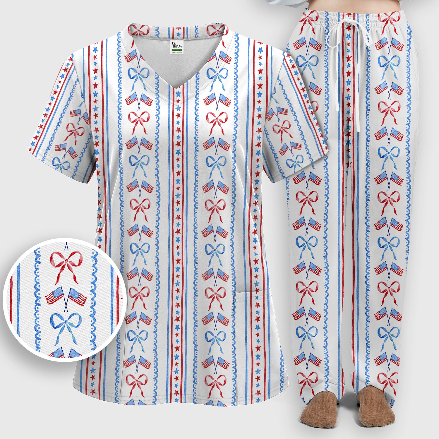 Patriotic USA Flag Bow Stripe Pattern Scrub Set, Scrub Pants and V Neck Top