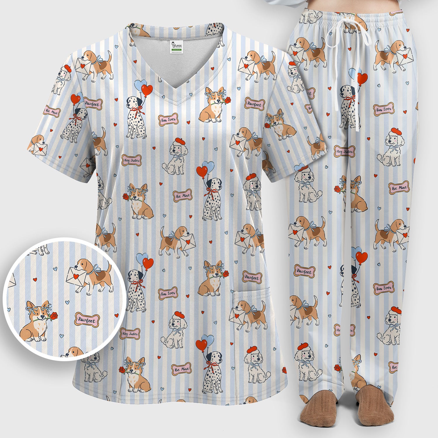 Valentine Puppy Heart Pattern Scrub Set, Scrub Pants and V Neck Top