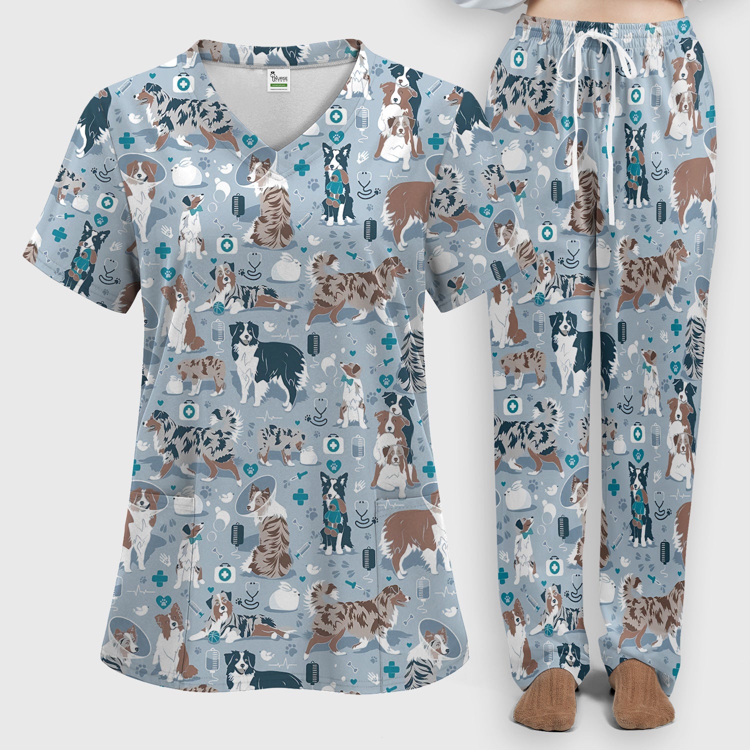 Cute Dog Pattern Women's Veterinary Scrub Set, Scrub Pants and V Neck Top