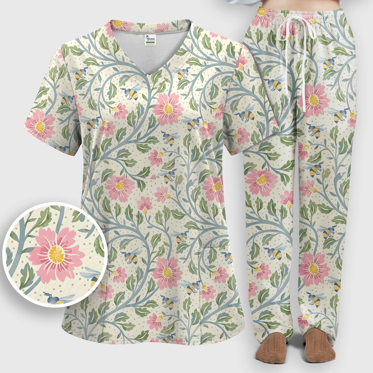 Cute Floral Bee Garden Nurse Pattern Scrub Set, Scrub Pants and V Neck Top
