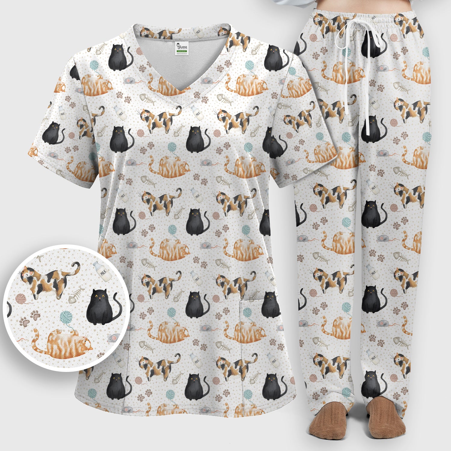 Cute Cat Yarn Paw Pattern Scrub Set, Scrub Pants and V Neck Top