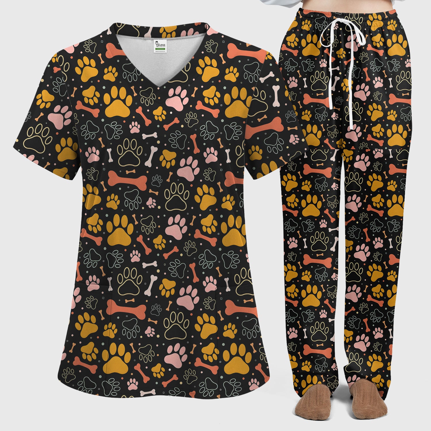 Cute Paw Print Dog Pattern Scrub Set, Breathable Med Uniform