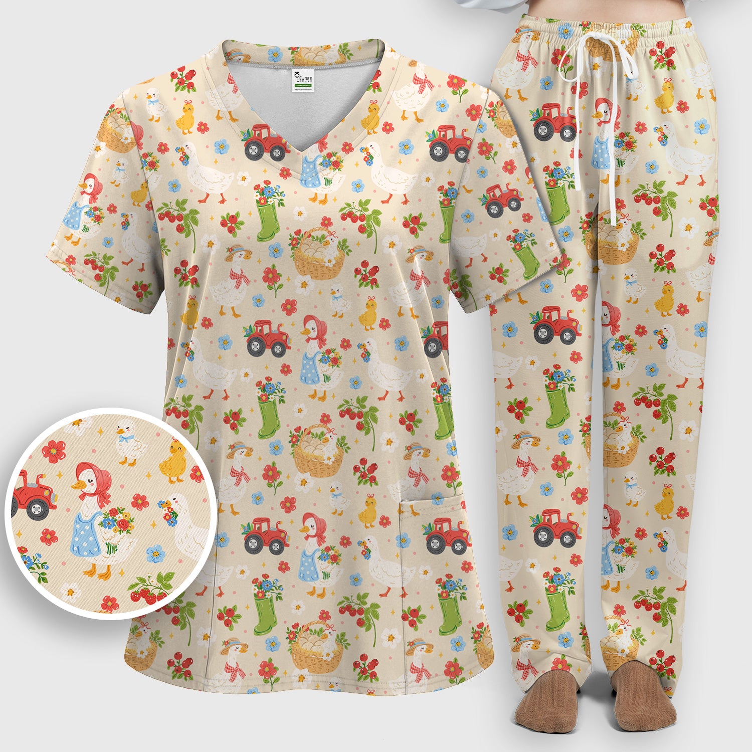 Farm Duck Chicken Tractor Flower Basket Scrub Top, Breathable Fabrics Nursing Uniform