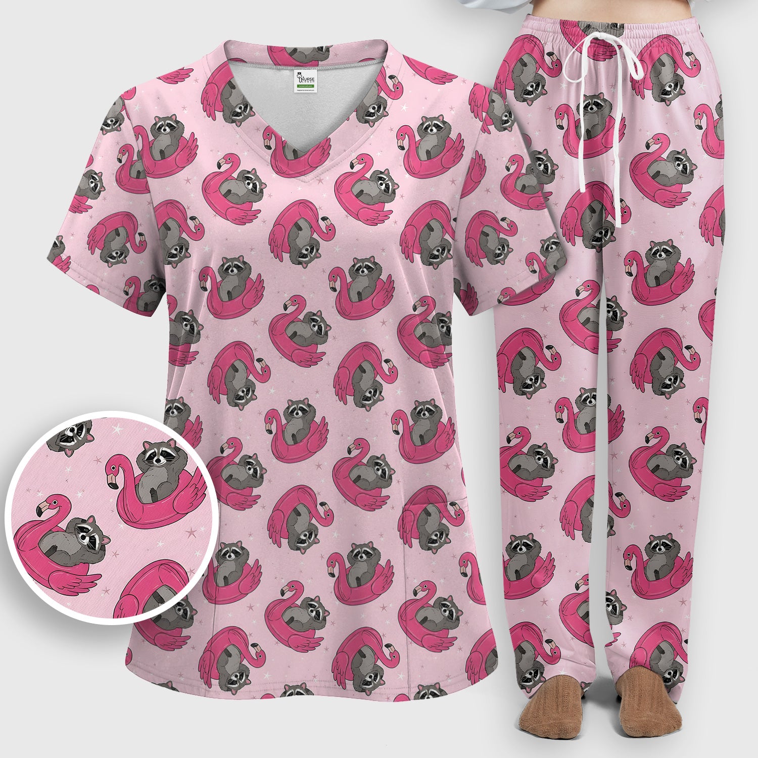 Cute Raccoon Flamingo Float Pattern Scrub Set, Scrub Pants and V Neck Top