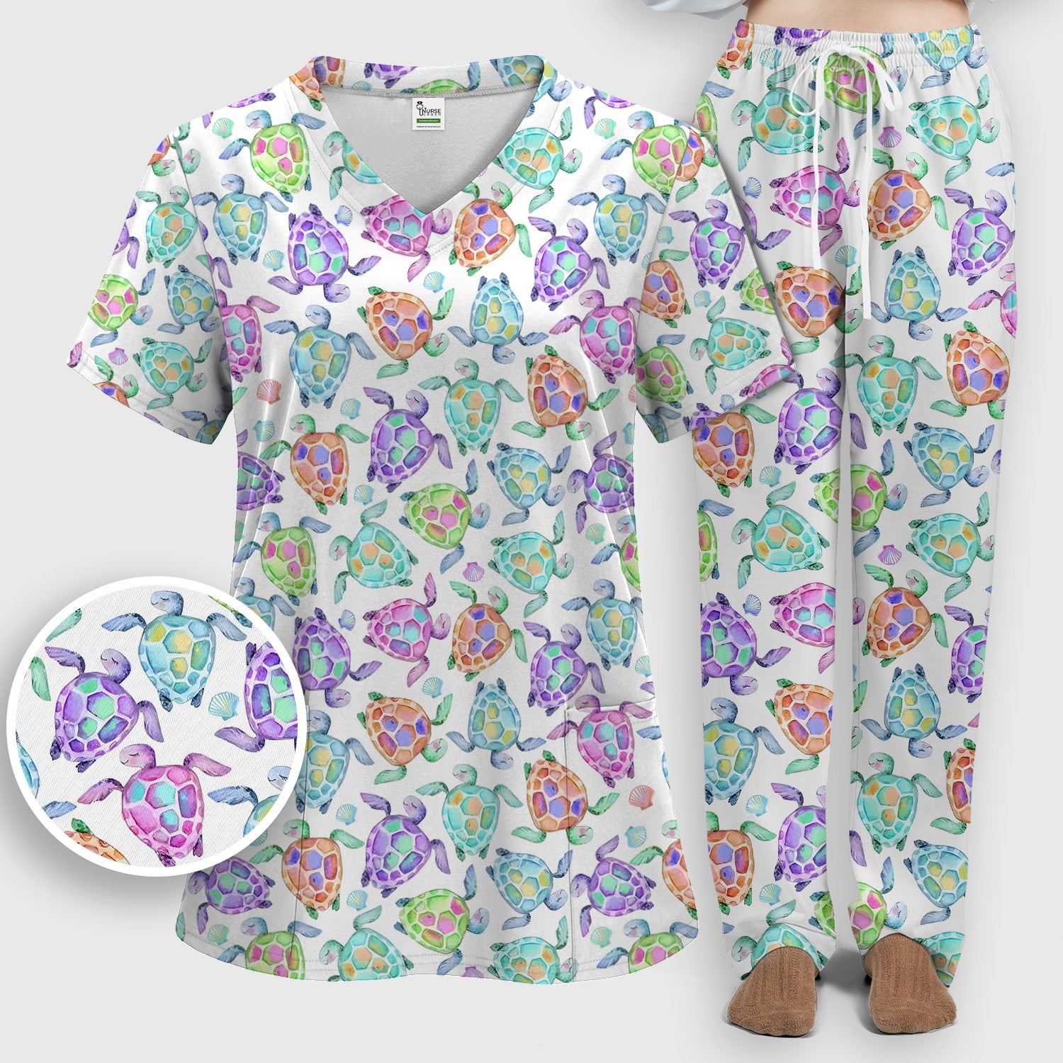 Colorful Sea Turtle Shell Pattern Scrub Set, Scrub Pants and V Neck Top