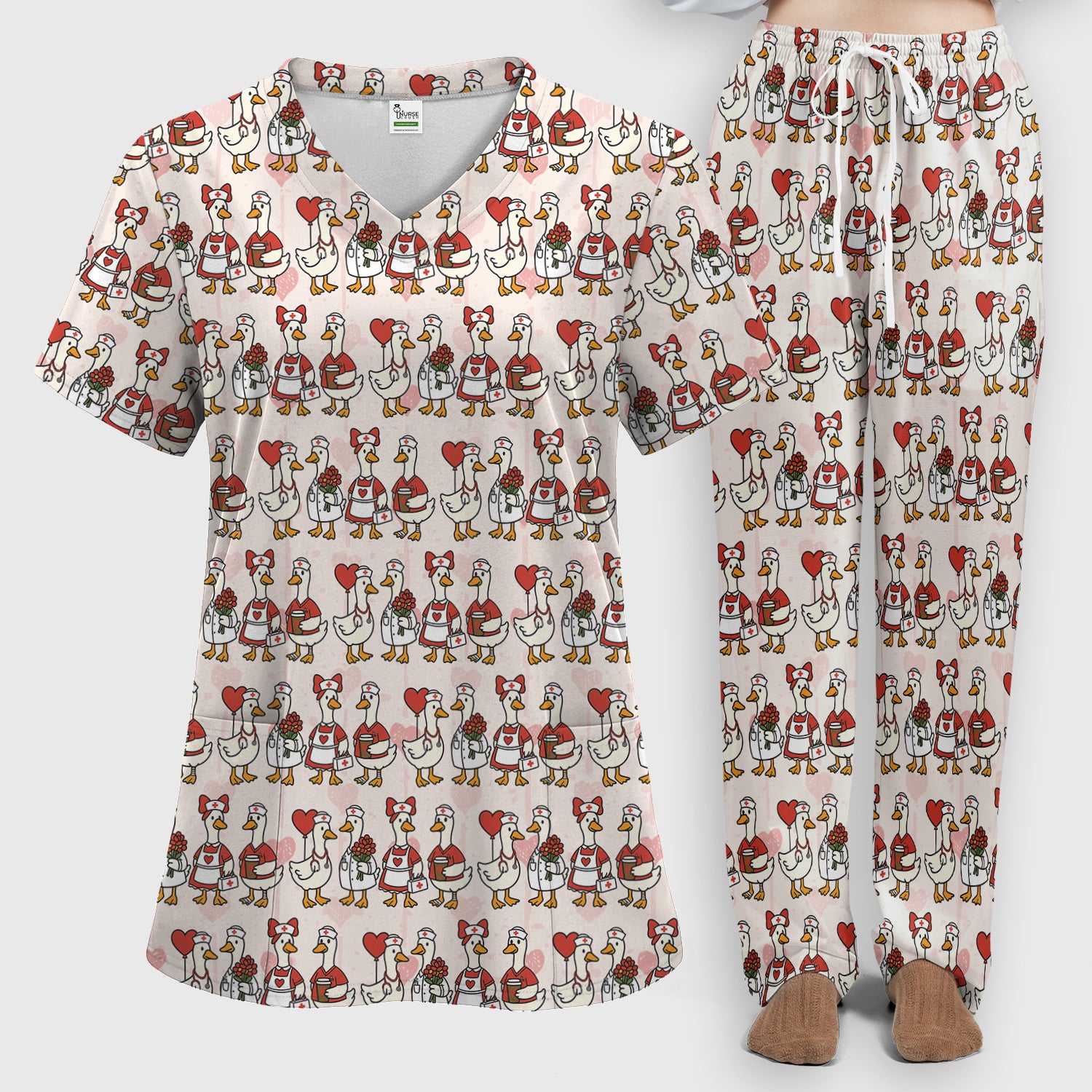 Valentine Nurse Goose with Heart Pattern Scrub Set, Scrub Pants and V Neck Top