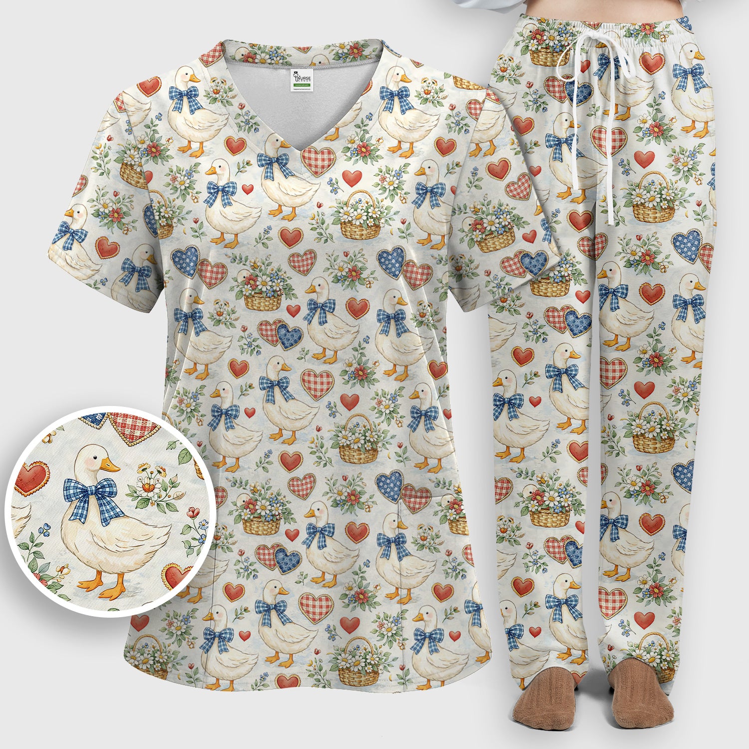 Cute Duck Heart Floral Nurse Pattern Scrub Set, Scrub Pants and V Neck Top