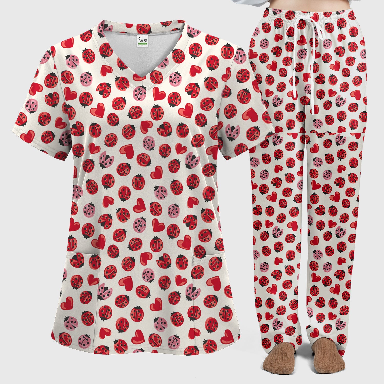 Cute Ladybug and Red Heart All Over Print Set, Women's Scrub Sets