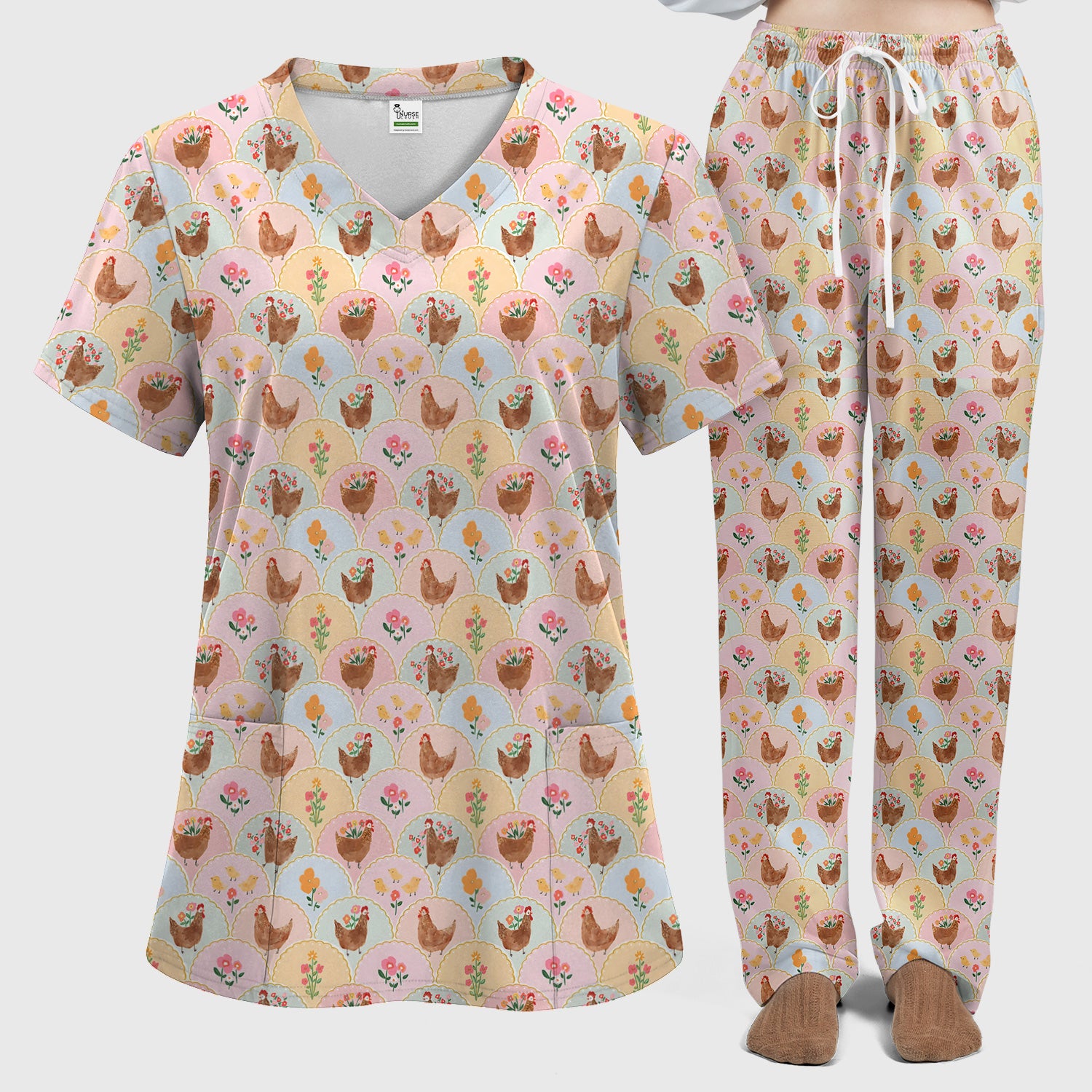 Pastel Chicken With Floral Scrub Set, Cute Chicken Nursing Uniform For Women