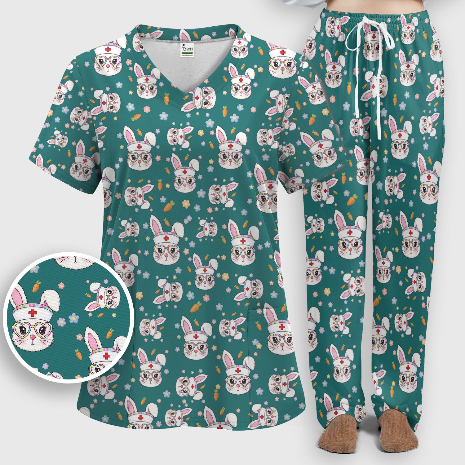 Cute Easter Bunny Nurse Pattern Scrub Set, Scrub Pants and V Neck Top