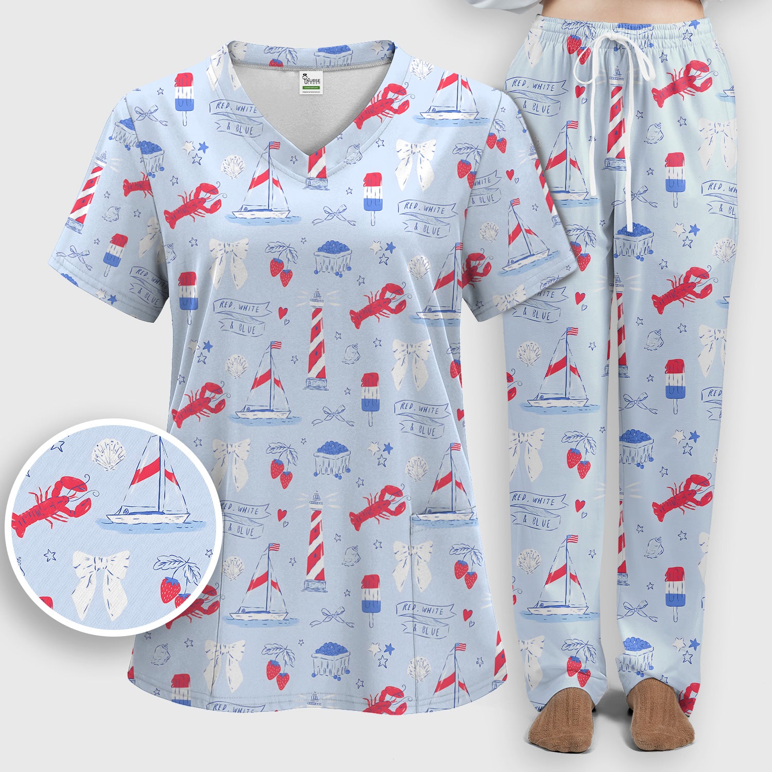 Lobster Lighthouse Sailboat Pattern Scrub Set, Scrub Pants and V Neck Top