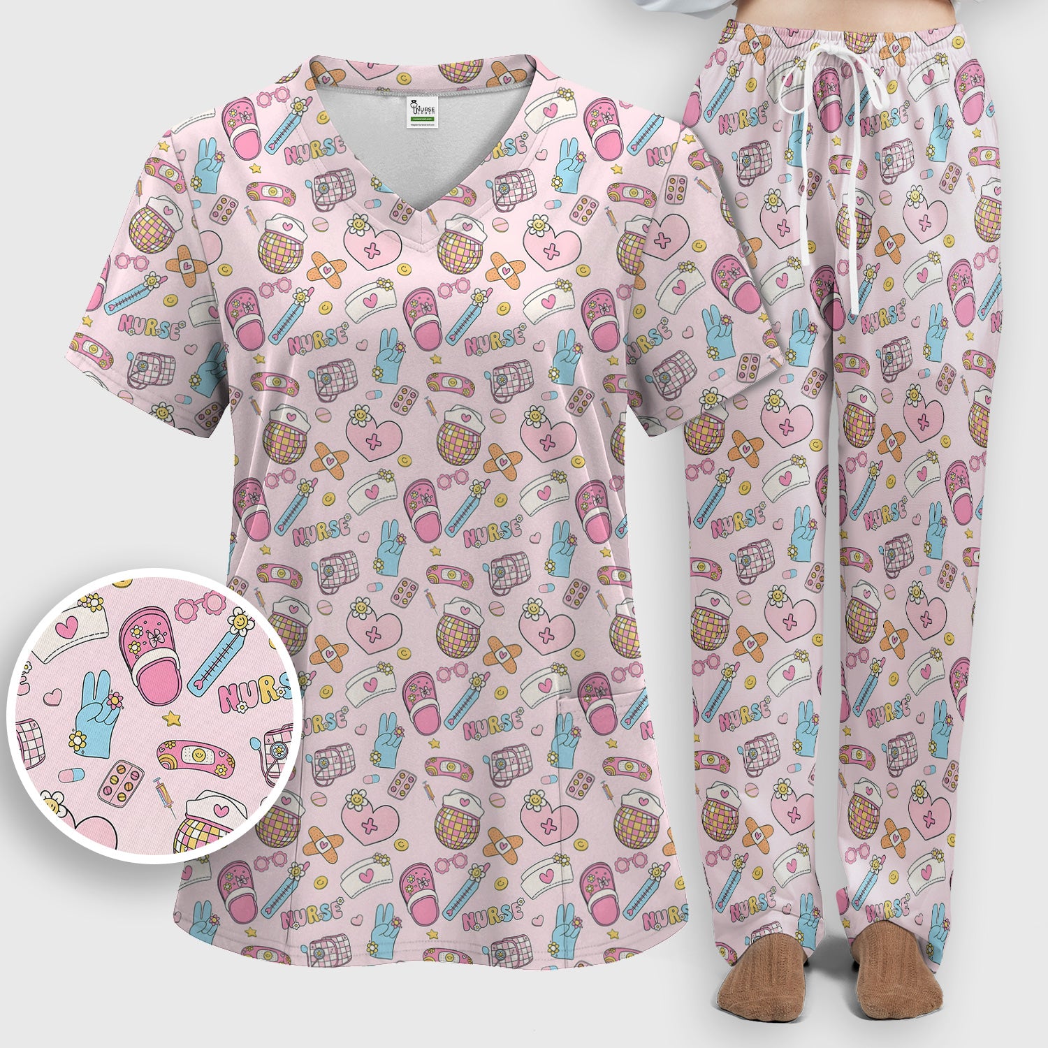 Cute Nurse Pink Medical Tools Pattern Scrub Set, Scrub Pants and V Neck Top