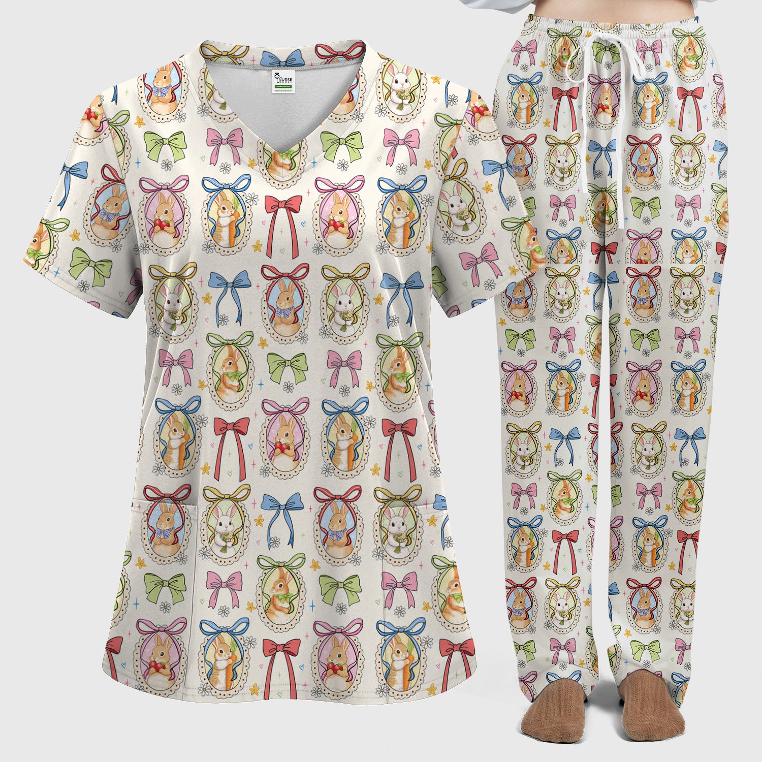 Cute Easter Bunny Cameo Colorful Bow Pattern Scrub Set, Breathable Med Uniform