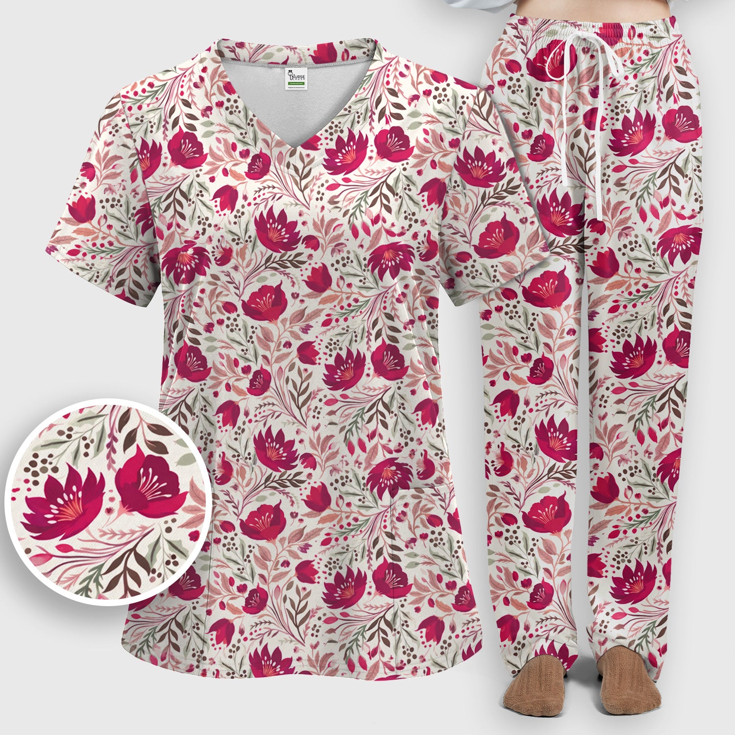 Elegant Floral Botanical Pattern Scrub Set, Women's Scrub Sets
